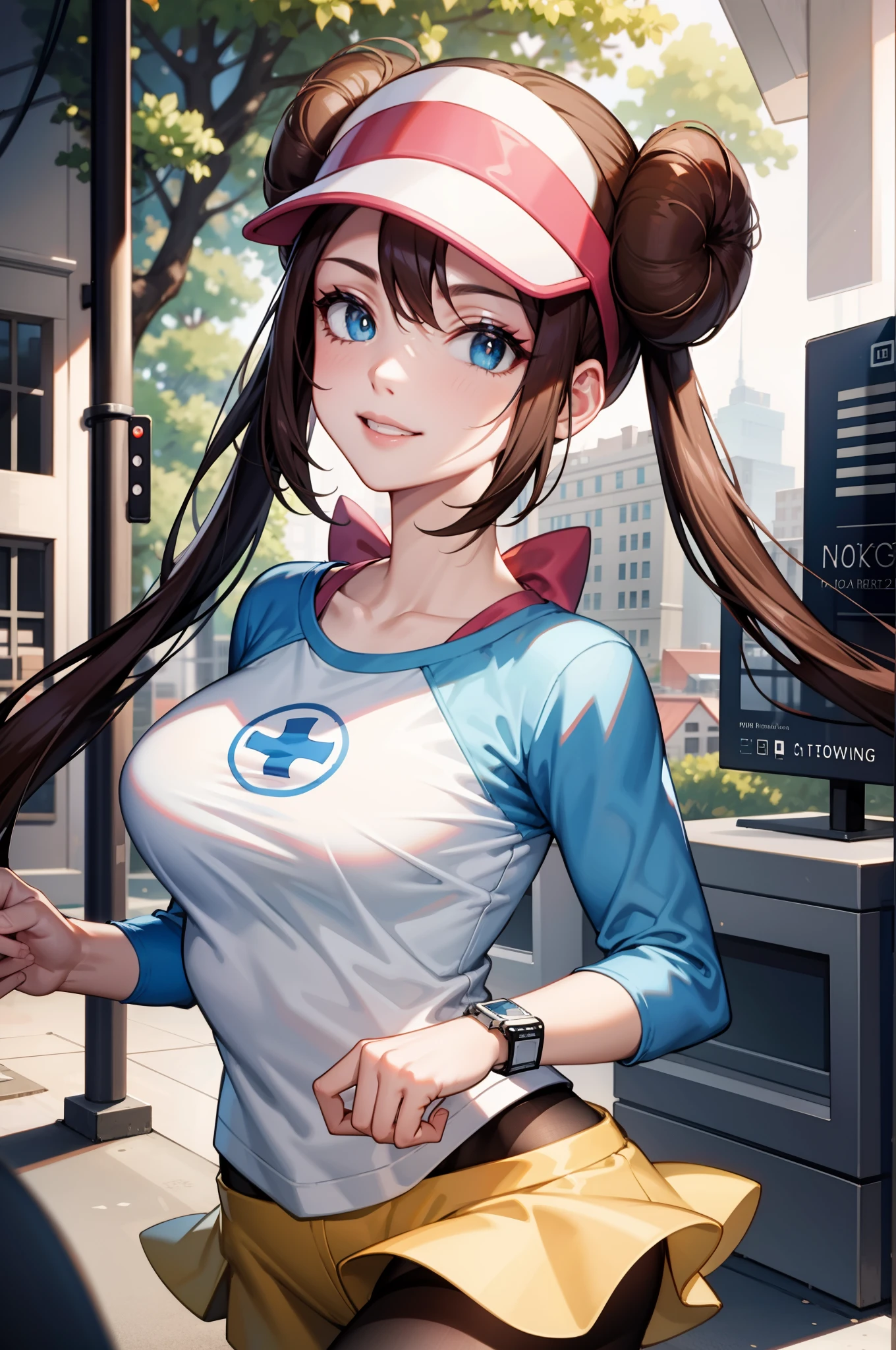 perfect eyes:1.2, detailed eyes:1.4, ro1, hair bun, blue eyes, twintails, long hair, visor cap, pantyhose, raglan sleeves, yellow shorts, shirt, pink bow, wristwatch, blue eyes, visor cap, twintails, nice hands, nature, smile, 1girl, solo, (masterpiece:1.6, best quality), 8k, insane details, intricate details, hyperdetailed, hyper quality, high detail, ultra detailed, professional, HDR, ray tracing reflection, cinematic lighting,