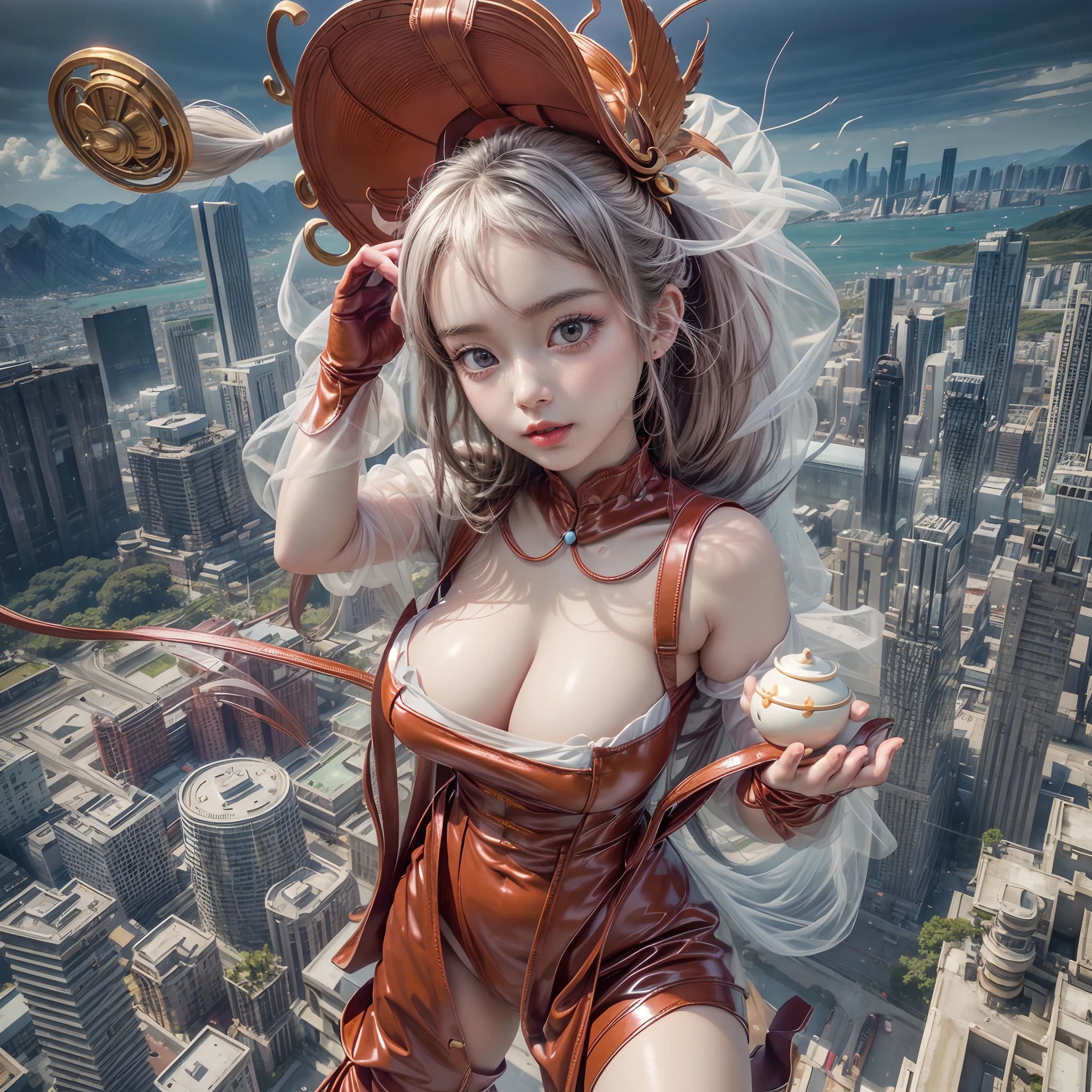 (SFW, NSFW_STILL_SHOW), Oppai-、((wide-angle, Flying Magic、Floating hair、Floating in the air, Curved horizon, Overlooking a city eroded by the jungle,Above the city)), { (Mystic sight)| best quality | 8k | clear |focused } (Masterpiece:1.2, photo-realistic:1.37)、{ S、(Detailed KAWAII Face)、{(Childish)|(Gigantic Cleavage)}、(Detailed glistening ivory skin)、extremely detailed, { Transparent Veil | Red Leather High Collar | Red Long Boots | rubber sole | Random hair color },