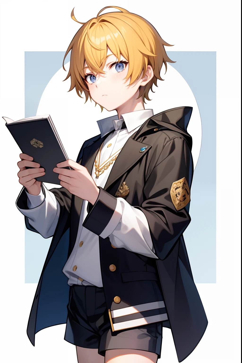 Expressionless frontal photographic masterpiece，Best Quality Boy Yellow Hair Short Hair Black & White Sailor Suit Jacket Gray Shorts Close-up of a man in a black jacket and shorts holding a mirror gray shorts in his hand, inspired by Li Chevalier, JK school uniform, as an anime character, Single character full body, Boy front style, anime full body illustration, The anime vtube is inspired by Tohisa Okumura, Delicate androgynous prince,