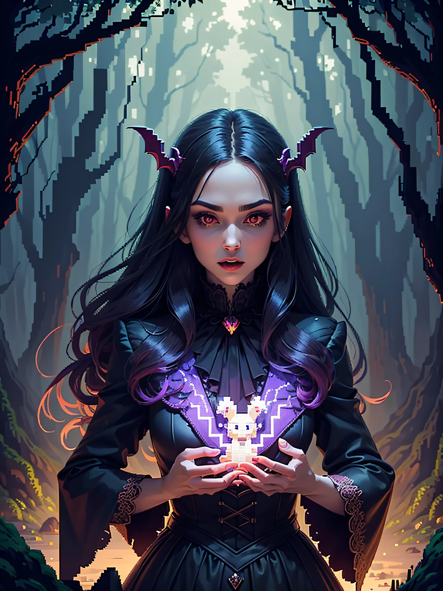 fabulous pixel art of a vampire in a forest pixel art, beautiful and detailed pixel art, hyper detailed pixel art, conceptual pixel art, high quality pixel art, high quality pixel art, high quality pixel art, high quality pixel art, bioluminescent lighting, colorful, high contrast colors, Pixel art style, Pixel art:3, 4k, beautiful