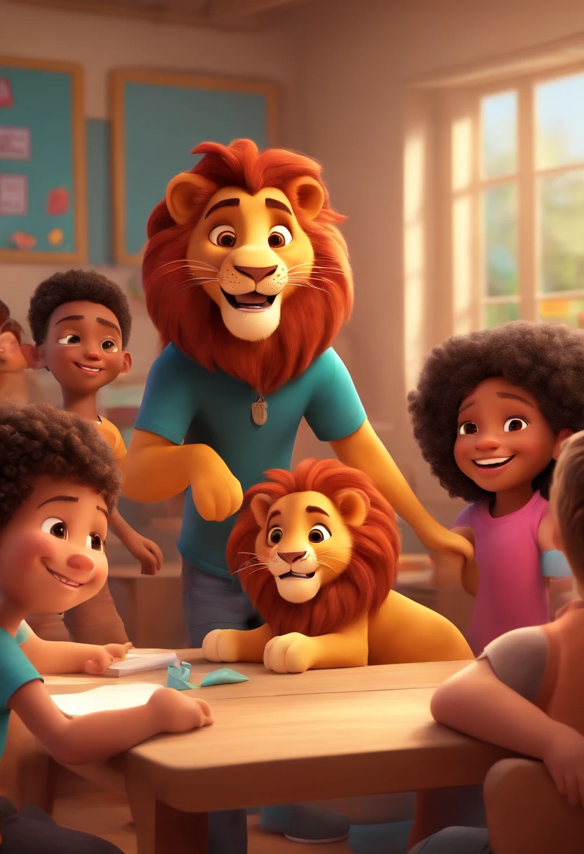 Happy lion Daren wearing a black t-shirt in a classroom with happy kids in Disney Pixar 3D style