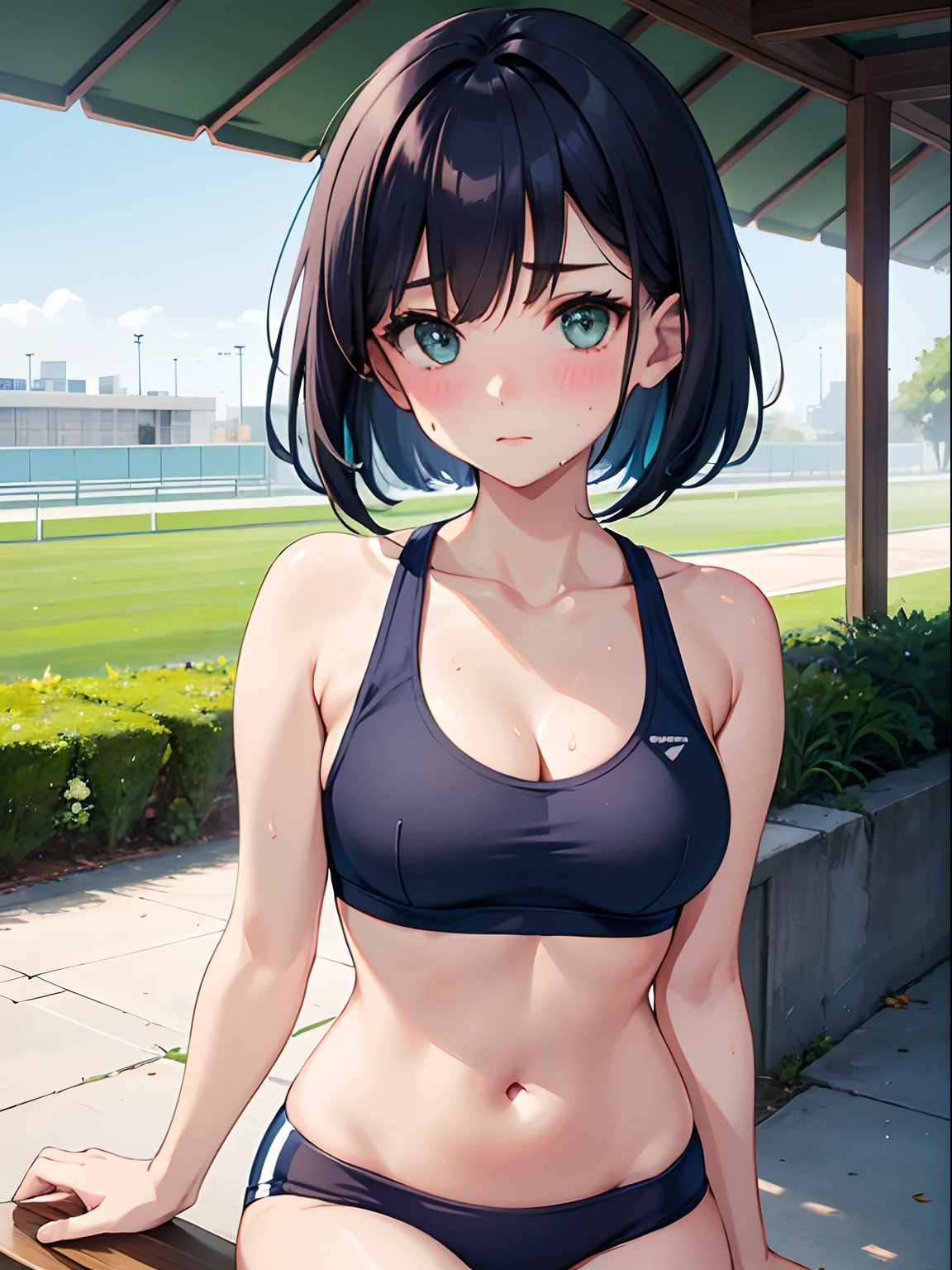 1girl in,Navy blue bob hair,Navy green eyes,Cute,blush, medium breasts, running, white sports bra, morning, park, sweat