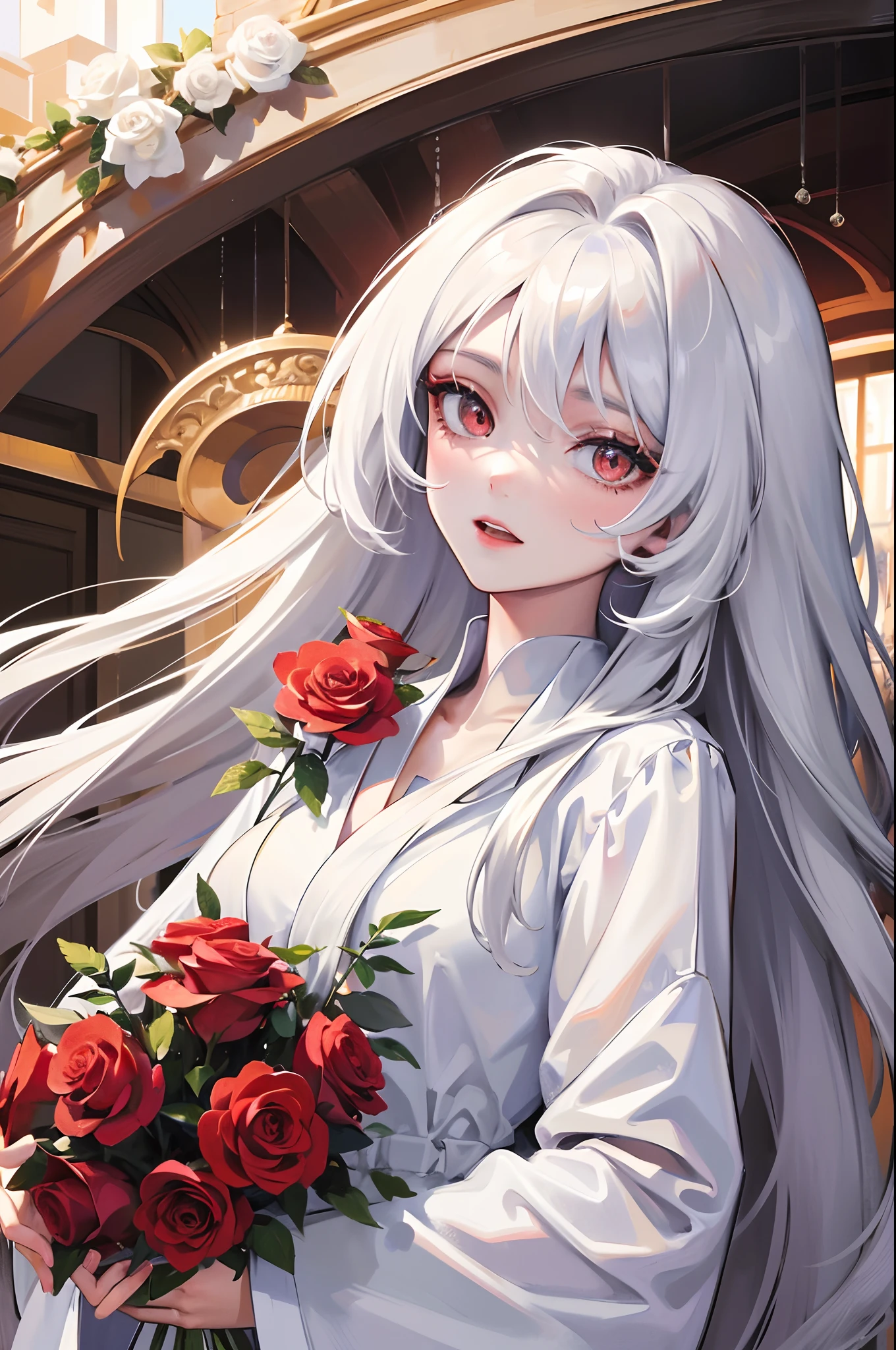 1 girl, Absurdres masterpiece HDR high quality portrait of a beautiful girl with white long straight hair and red eyes wearing detailed white dress holding a white rose