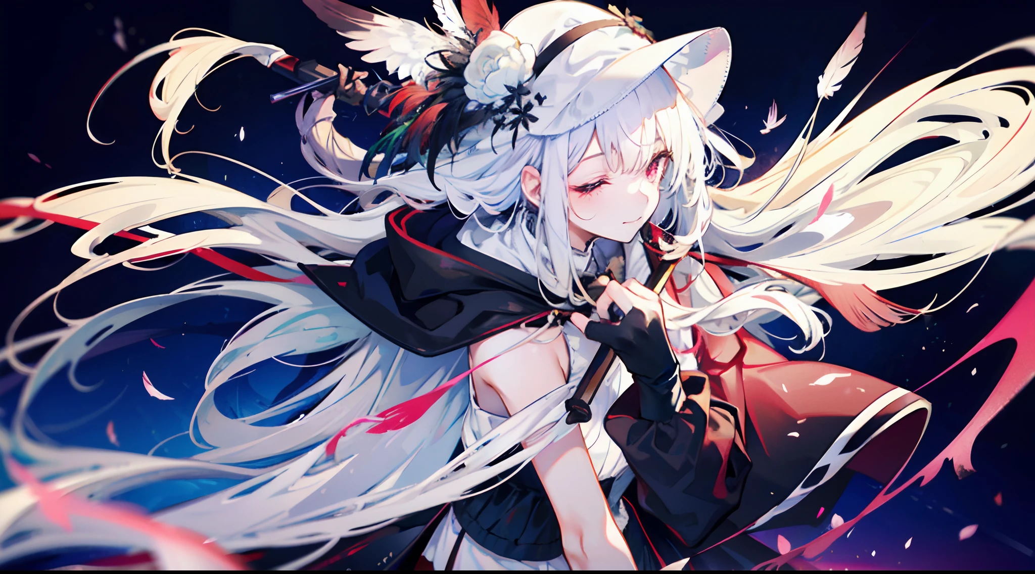 1 girl，Blood red eyes，White blouse，Long white hair，Looking at the audience，Particles of light，Smile with closed mouth，Stars，Beach hat，Sleeveless，Bare shoulders，With bangs，From the side，(She wears a black hooded trench coat，There are fine feathers on it)，Tilted head，Tight socks, nipple tassels, flower knots, gloves, beautiful detailed eyes, detailed background, black long socks, rural home background, carrying a vampire scythe sword, fingers wearing gloves, night background, with eyes closed.