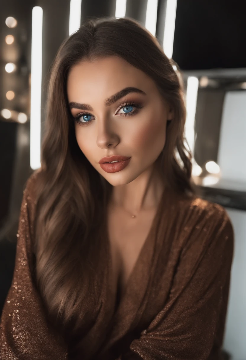 NSFW, arafed woman, full-length photo, sexy girl with blue eyes, portrait sophie mudd, brown hair and large eyes, selfie of a young woman, Happy eyes, Red myers, with makeup, looking directly at the camera, face with artgram, subtle makeup, stunning full body shot, in the club, cleavage
