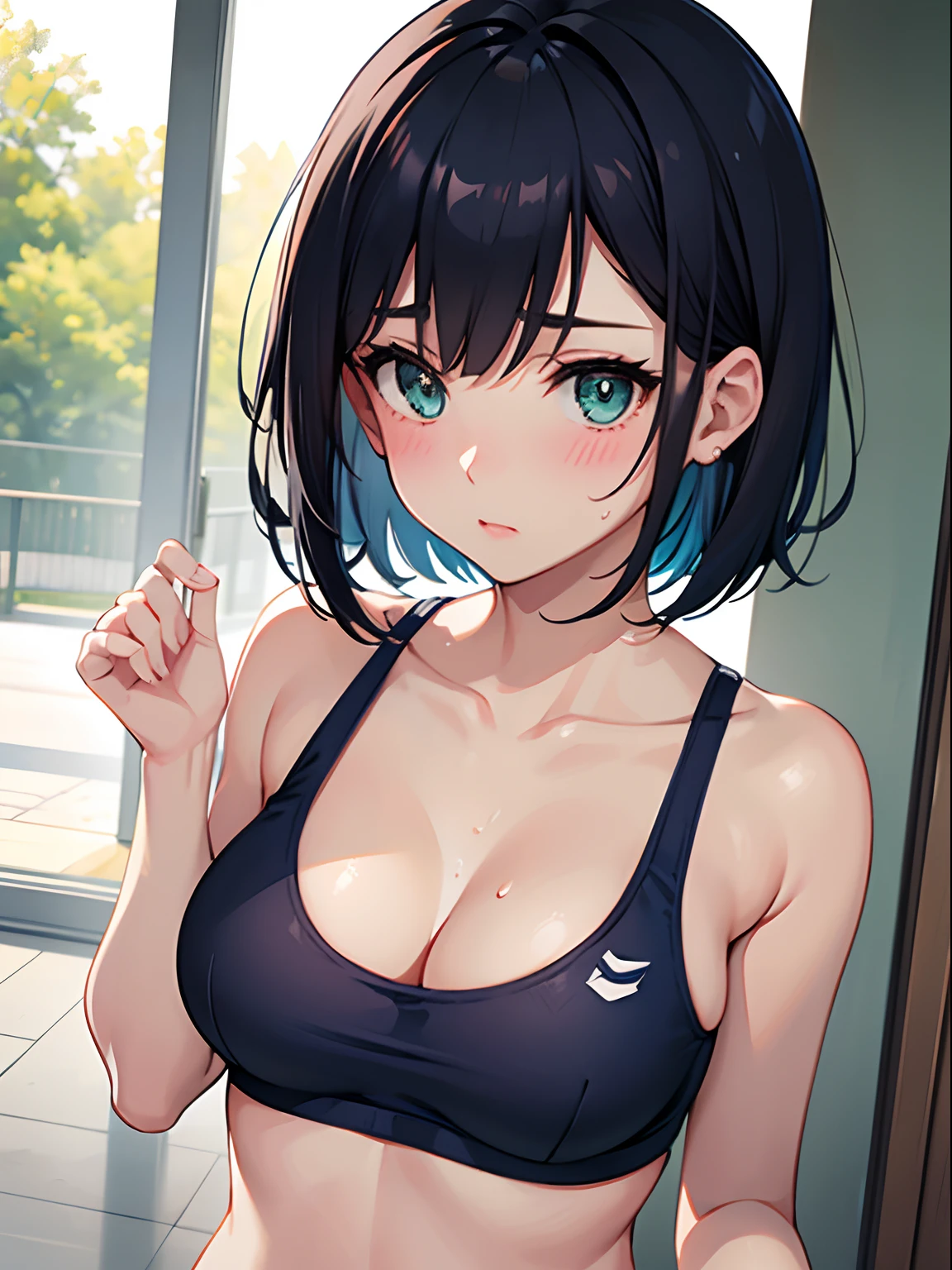 1girl in,Navy blue bob hair,Navy green eyes,Cute,blush, medium breasts, running, white sports bra, morning, park, sweat