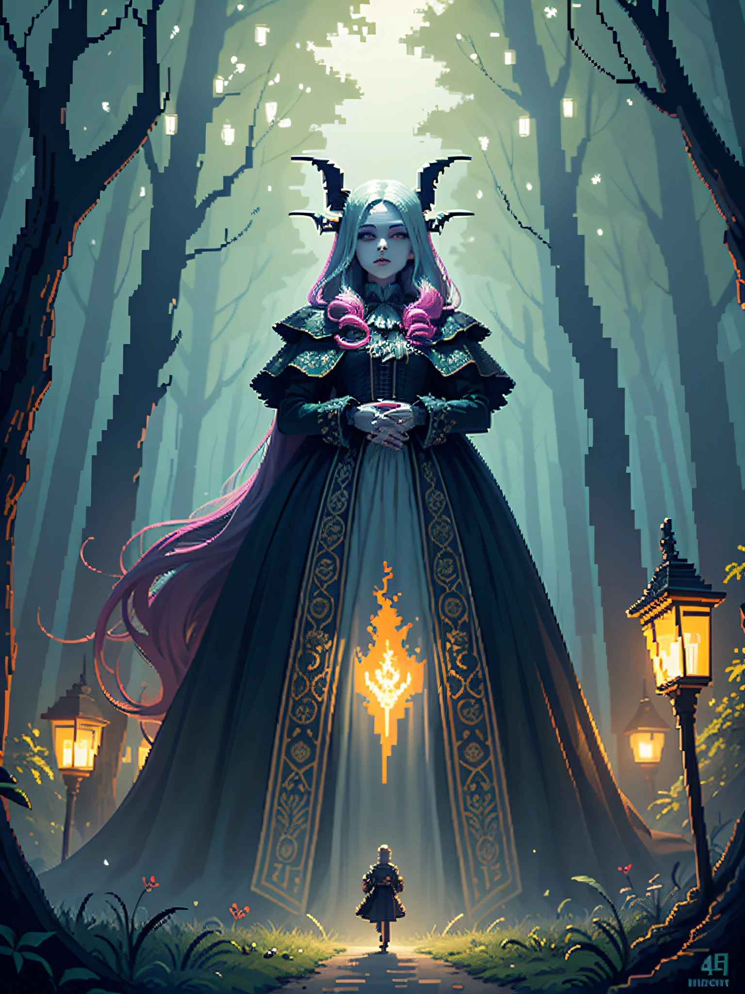 fabulous pixel art of a vampire in a forest pixel art, beautiful and detailed pixel art, hyper detailed pixel art, conceptual pixel art, high quality pixel art, high quality pixel art, high quality pixel art, high quality pixel art, bioluminescent lighting, colorful, high contrast colors, Pixel art style, Pixel art:3, 4k, beautiful