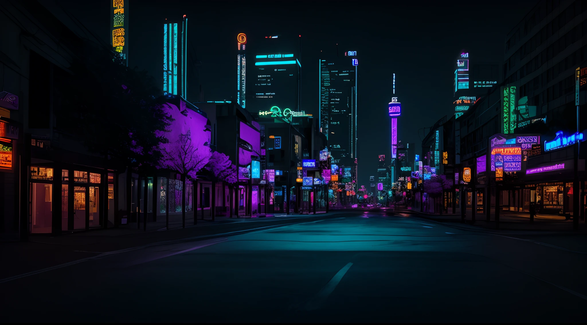 Cyberpunk Night City glowing with purple and blue neon lights in the year 2077