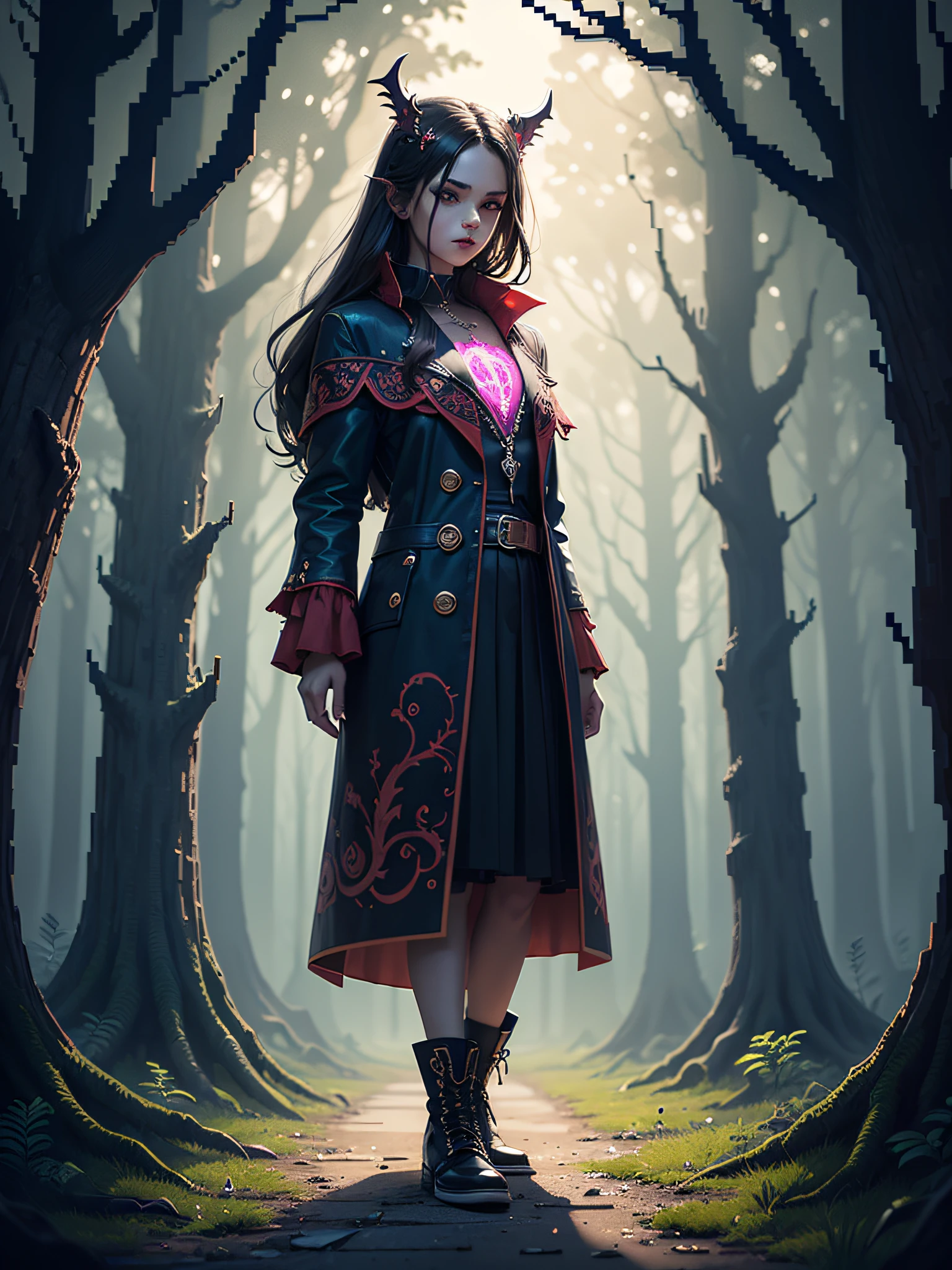 fabulous pixel art of a vampire in a haunted forest at night pixel art, beautiful and detailed pixel art, hyper detailed pixel art, conceptual pixel art, high quality pixel art, high quality pixel art, high quality pixel art, high quality pixel art, bioluminescent lighting, colorful, high contrast colors, Pixel art style, Pixel art:3, 4k, beautiful