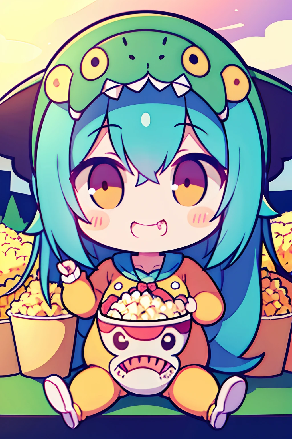 １Human Girl Child、mideum breasts、a smile、animesque、​masterpiece、tchibi、Dinosaur costume、Popcorn in the left hand、Open your mouth wide to the maximum、droolng、Landscape image、Sitting on the ground