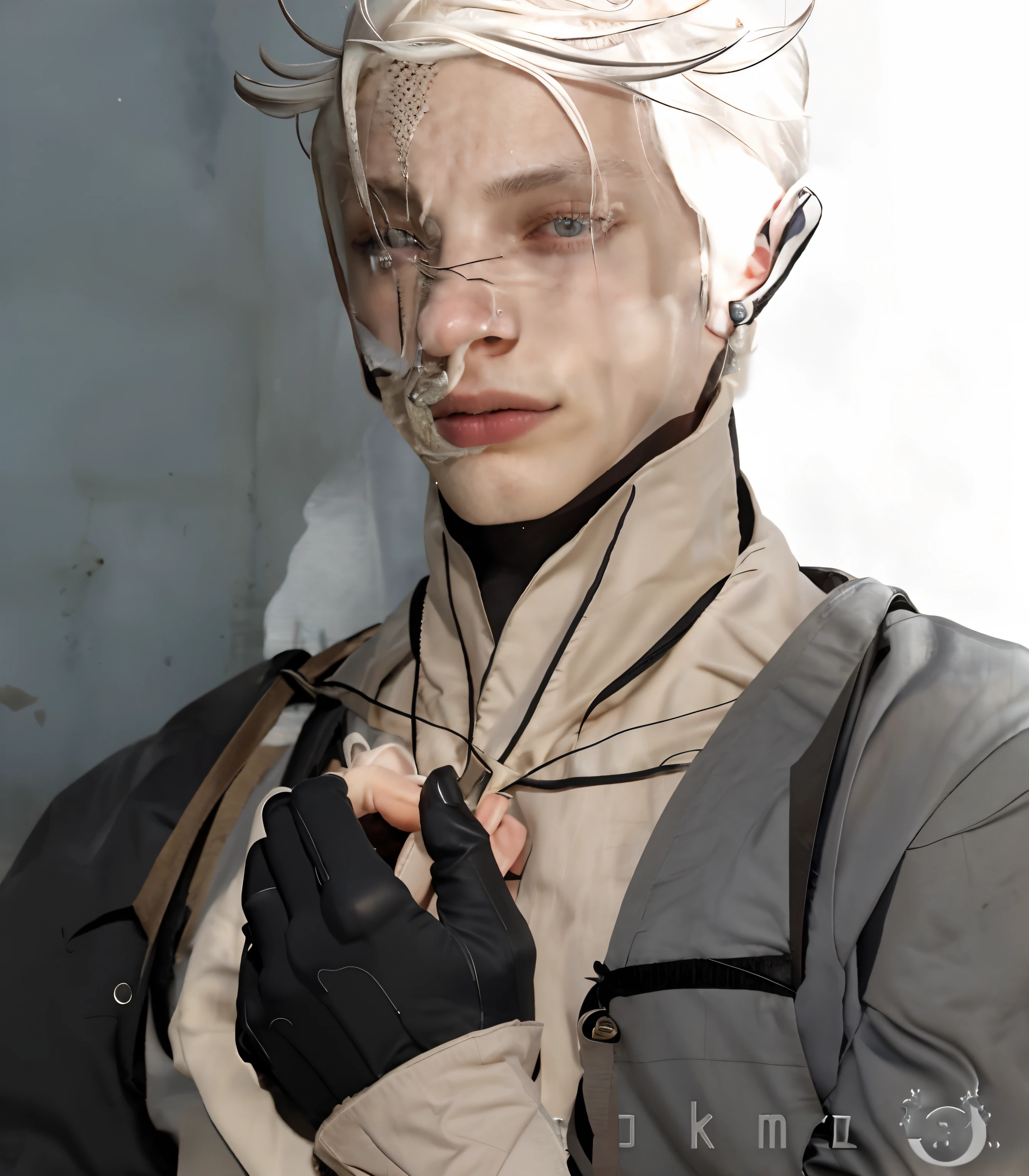 Realistic young boy face, with white hair and black gloves holding his hands together, white haired, handsome arabic+Dutch man, 25 years old, white-haired, silver haired, tan skinned, muscular, soft light, look down, soft light, holding wine, wearing black shirt and harness, black gloves, piercing eyes, blue eyes, surf haircut, daddy, no beard on face