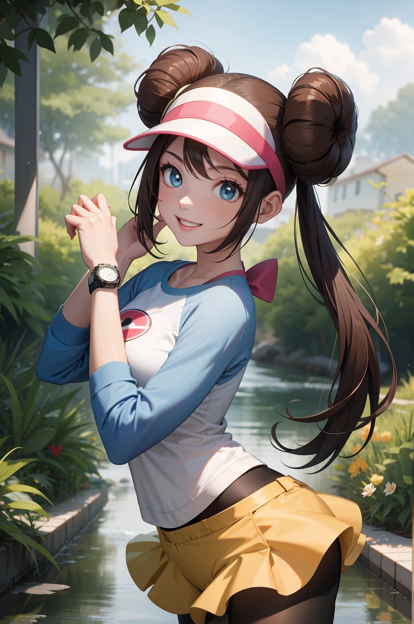 perfect eyes:1.2, detailed eyes:1.4, ro1, hair bun, blue eyes, twintails, long hair, visor cap, pantyhose, raglan sleeves, yellow shorts, shirt, pink bow, wristwatch, blue eyes, visor cap, twintails, nice hands, nature, smile, 1girl, solo, (masterpiece:1.6, best quality), 8k, insane details, intricate details, hyperdetailed, hyper quality, high detail, ultra detailed, professional, HDR, ray tracing reflection, cinematic lighting,