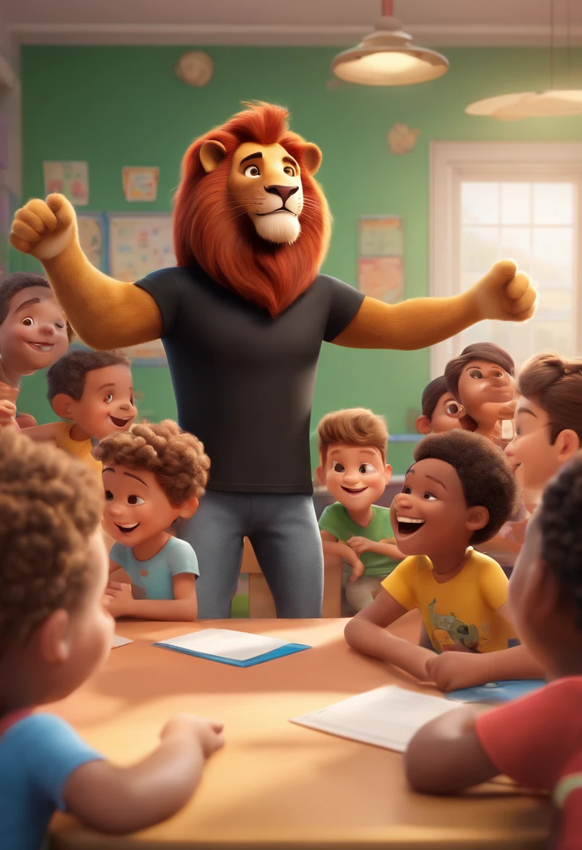 Happy lion Daren wearing a black t-shirt in a classroom with happy kids in Disney Pixar 3D style