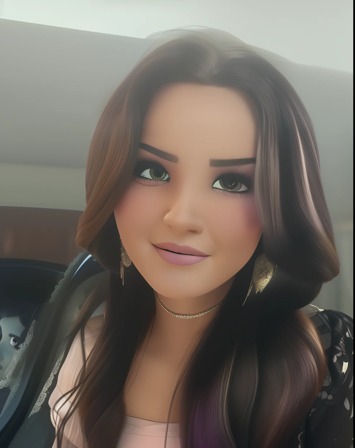 create image in PIXAR 3D animation style of a woman with long dark hair wearing a black dress, com referencias de fernanda suarez, Parece Fabiula Nascimento, Valentina Embaralhamento, Alanis Guillen, by Amelia Peláez, olhar sensual, rosto sexy com maquiagem completa, Ayahausca, Malika Favre, 19-year-old girl, Lola Dupre, Violeta Myers