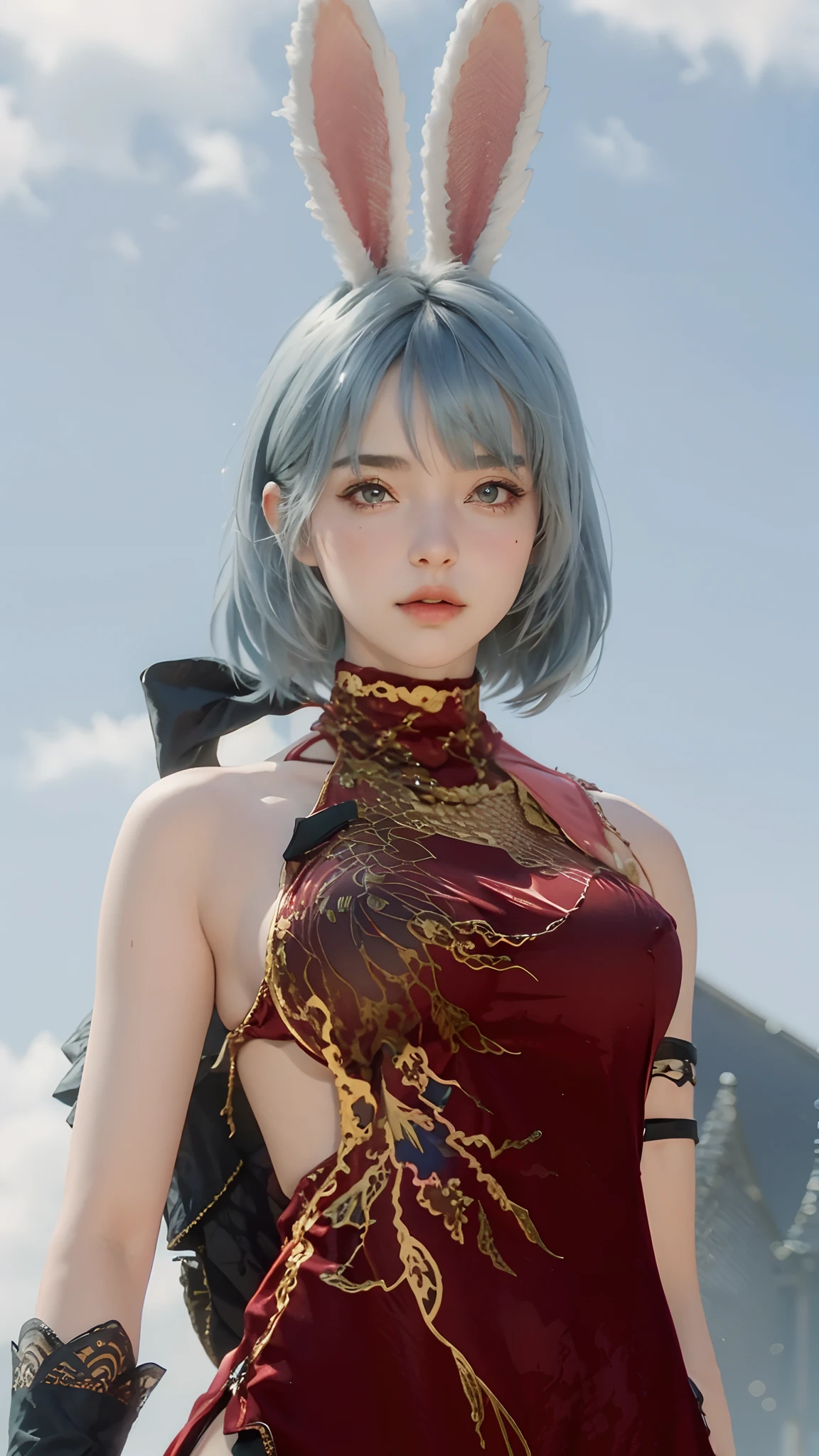 (nsfw),1girl, (tight red dress  ), bare shoulders, bare arms, (fishnets), (gigantic breasts), (cleavage), upper body, rabbit ears, standing, (masterpiece, high quality, best quality), (colorful),(delicate eyes and face), volumatic light, ray tracing, bust shot ,extremely detailed CG unity 8k wallpaper,solo((flying petal)),(Flowery meadow) sky, blue sky, sunny, light, fantasy, windy, magic sparks, outdoors,((church)), flowers, eyes blue hd , short hair hd, hair ash blue hd, perfect boobs, boobs hd, mommy sexy hd, white ears bunny, nose perfect hd, eyes simetris perfect hd