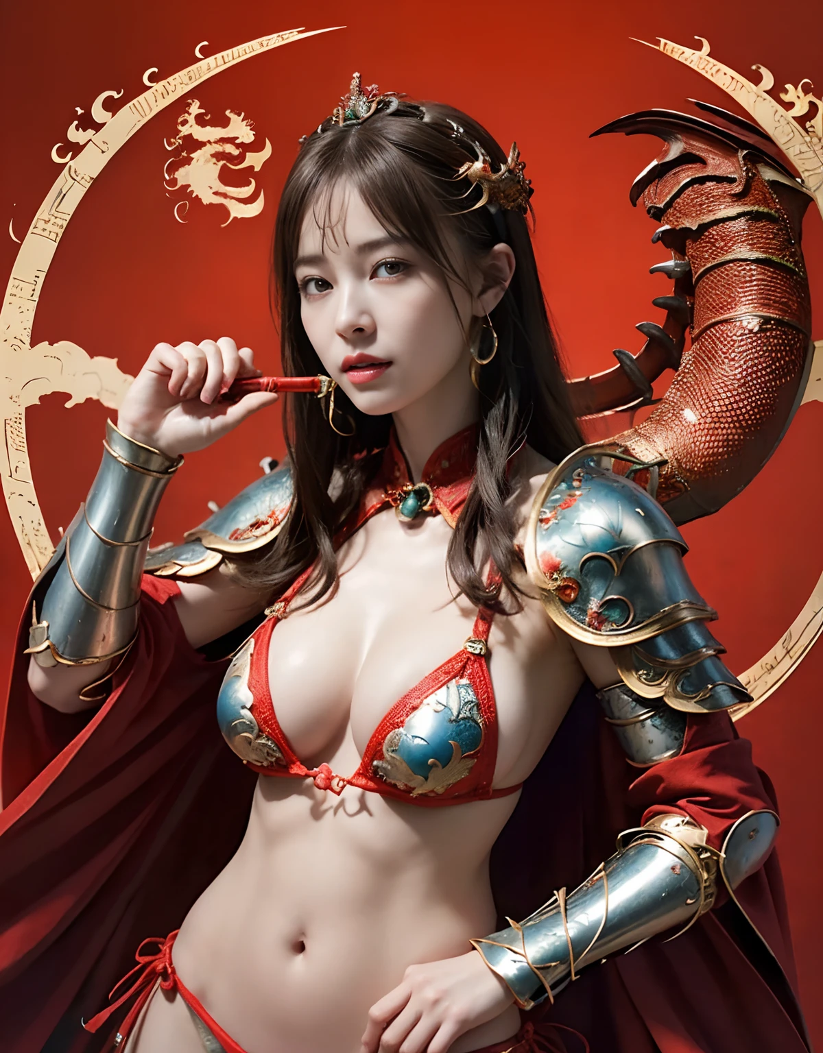 (Fight goblins、ogre、Fierce battle with orcs),top-quality、masterpiece、超A high resolution、(Photorealsitic:1.4)、Raw photo、1人、(((Chinese dragon background))),(Armor with beautiful patterns in every detail)、(((heavy breasts))),glowy skin、(Random hair),(((Detailed Micro Bikini Armor)))、Fight with beautiful swords and shields、(((Mystical expression))),(((Have a gorgeous and long magic wand))),(Gorgeous blue rubber body)),(Fighting strong enemies)、Fight fiercely、(Background of decaying dungeon ruins)、(Ultimate Beauty)、(Fighting Demonic Beasts)、(Full Body Angle)、((super realistic details))、portlate),globalillumination、Shadow、octan render、8K、ultrasharp、Colossal tits、Raw skin is exposed in cleavage、Details of complex ornaments、Japan details、highly intricate detail、Realistic light、(Mystical expression),CGSoation Trends、Red Eyes、radiant eyes、Facing the camera)、Toostock、Ultimate Beauty、Detailed sword)、(((dragon background))),