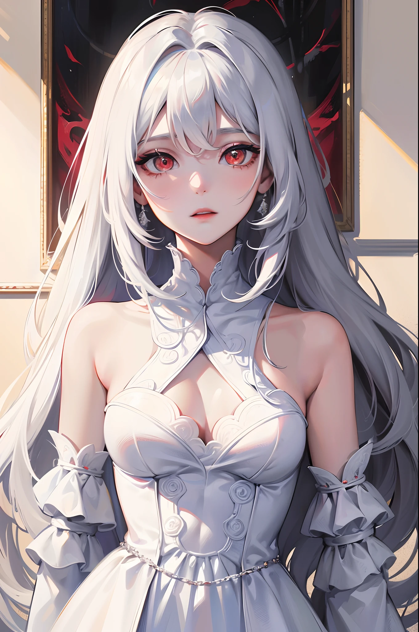 1 girl, Absurdres masterpiece HDR high quality portrait of a beautiful girl with white long straight hair and red eyes wearing detailed white dress holding a white rose