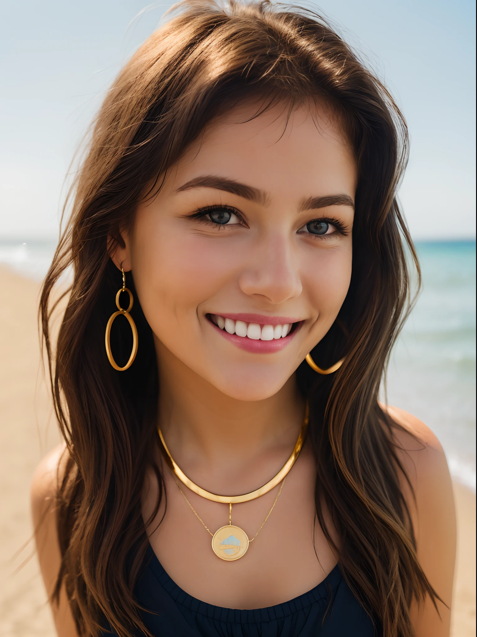 Realistic Blonde Hair Woman with Blue Eyes, Thin Pink Lips on a Beach Carrying a Black-Haired Child, Brown Eyes, Brown Skin, Smiling, With A Gold Necklace And A Pacifier In His Mouth