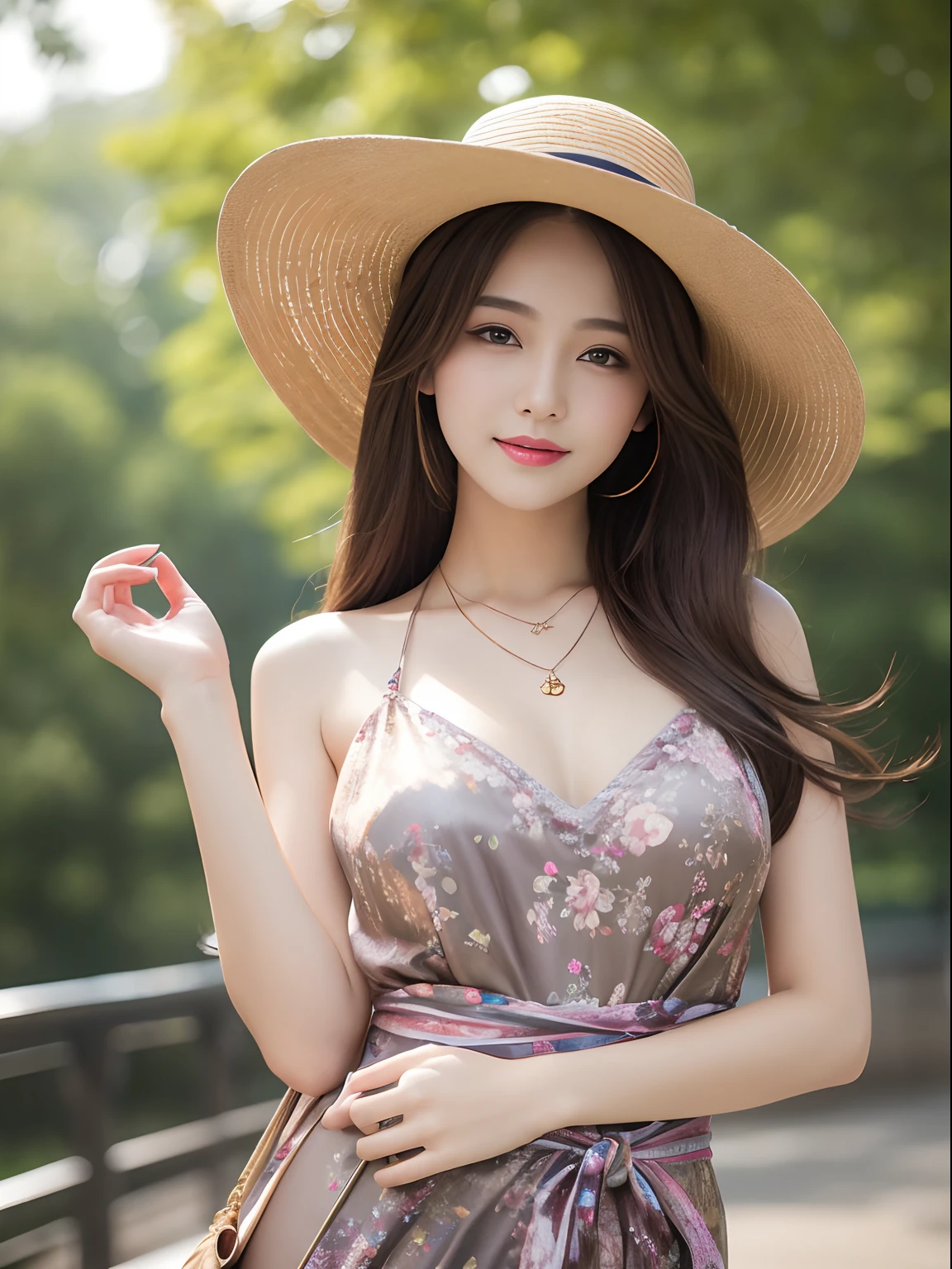 best qualtiy,tmasterpiece,超A high resolution,(真实感:1.4),RAW photogr,dark brown hair、smil、professional photograpy、Same skin type as humans、Female proofreading of Japan from head to foot、Blur the background、Draws faithfully to anatomy、Very detailed and beautiful、Ultra-high image quality、Hair swaying and sexy、Very detailed beautiful girl、the pose、Semi-long hair、a necklace、station、Diamond、big hat with a brim、a park、Floral clothing、head to waist、