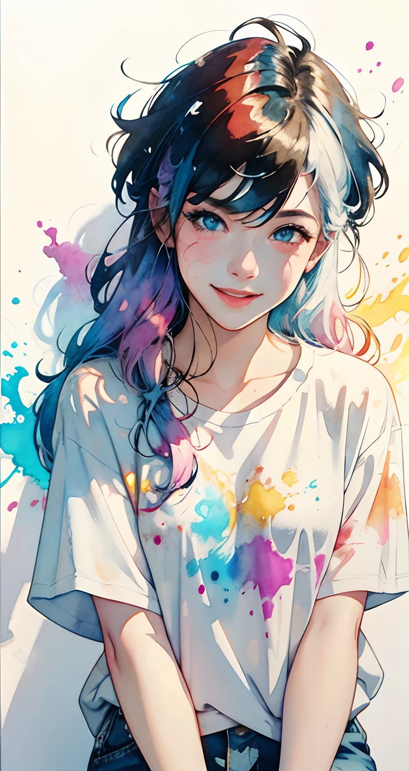 splatter background and spray paint effect, by Adam Hughes, White T-Shirt and Jeans Shorts, Upper body center, multi color hair, Closed eyes, Big happy smile, Watercolor art, Watercolor painting, watercolor painting style, watercolor detailed art, watercolor digital painting, Watercolor Paint, Superbly detailed watercolor, Watercolor art，A Japanese Lady，18year old, Long hair,