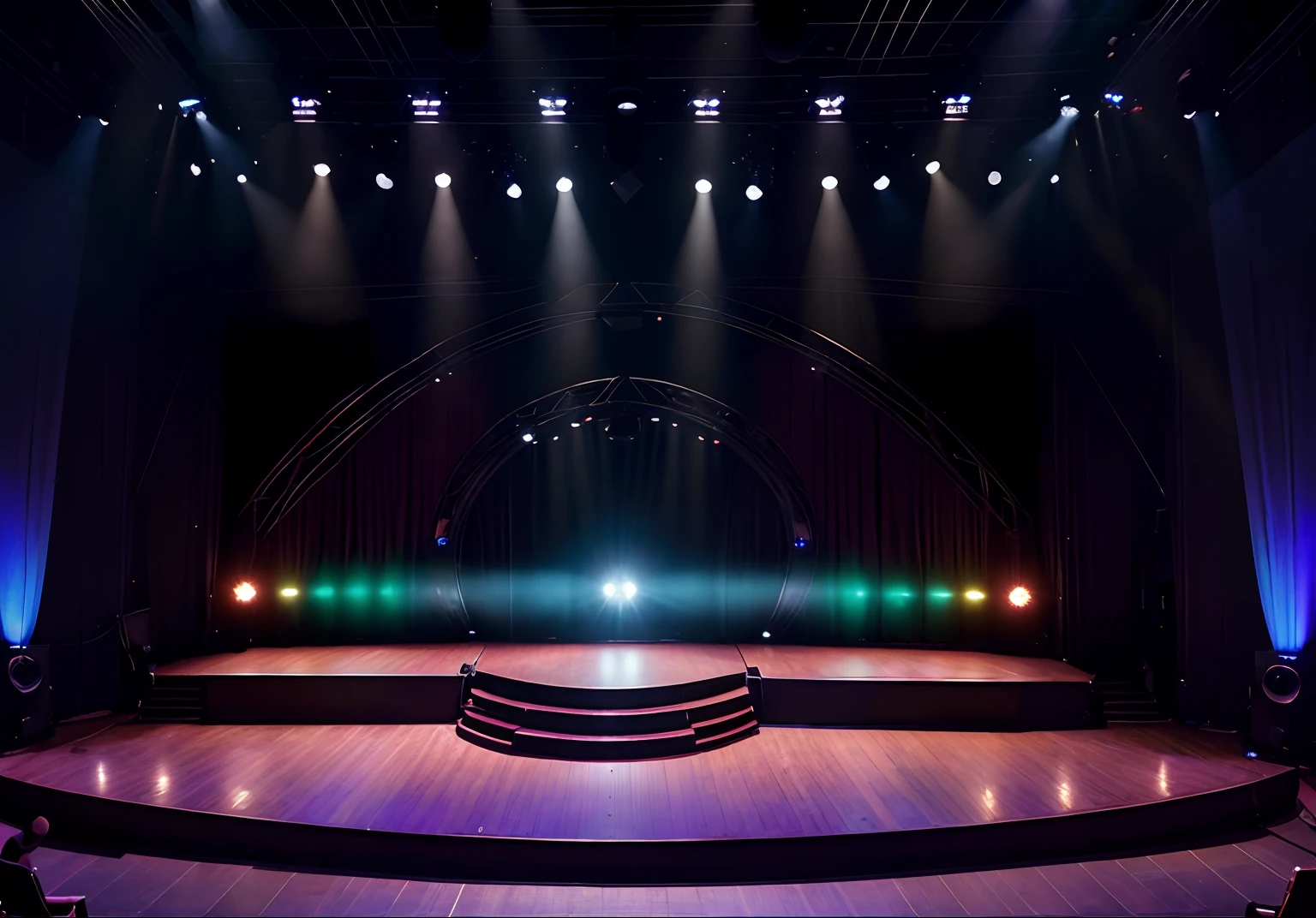 arafed stage with a stage curtain and stage lights, stage lighrt, stage background, stage lighting, theatrical lighting, ( ( stage lights ) ), dramatic stage lighting, empty stage, advanced stage lighting, stage light, dramatic theater lighting, theater stage, photo of a big theaterstage, stage lights, stage, stage at a club, theatre stage, live concert lighting, audiences in the foreground, More lighting on the stage, MC on the stage, turn to luxury tone, add people cherring foreground, LED Screen at the center of the stage
