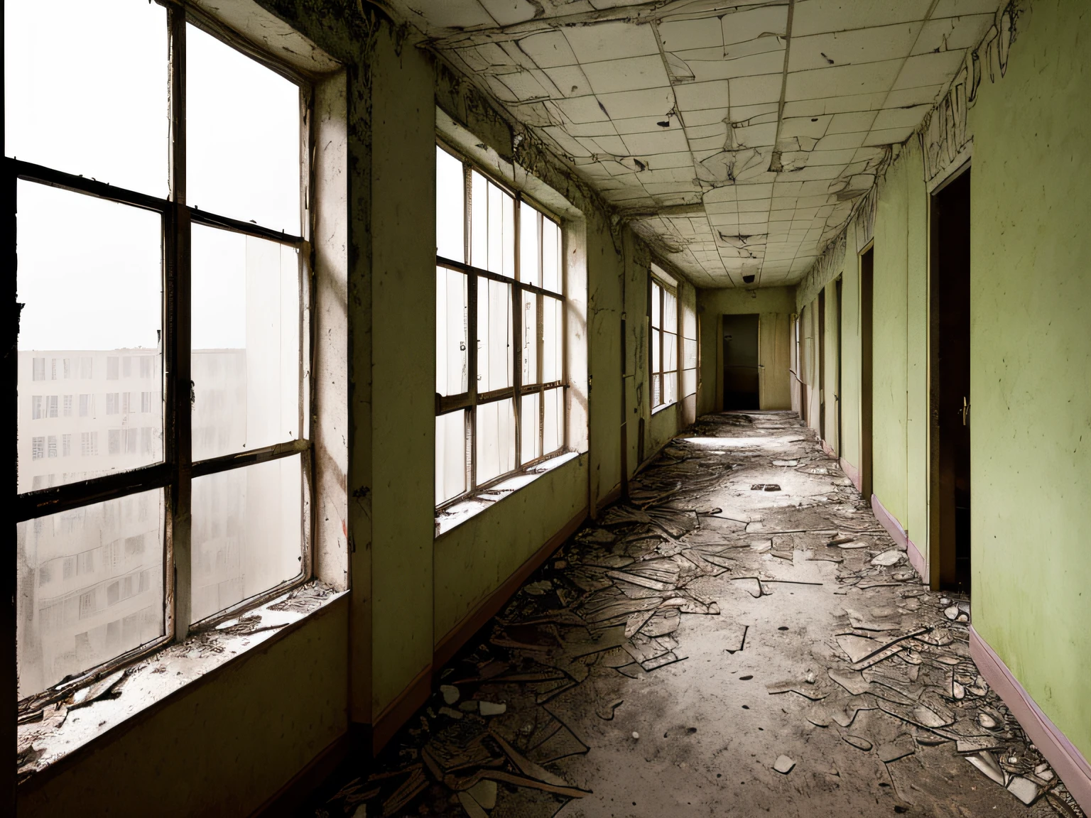 Corridors outside classrooms,empty of people,ssee-through,A row of windows on the left,Windows take up most of the picture,On the right is the classroom,It was raining outside,It's dark,Weaker horror film vibes,Q version cartoon style, (Dilapidated, deserted)