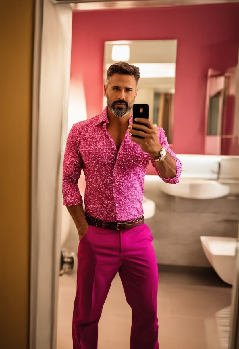 there is a man taking a selfie in a bathroom mirror, camisa rosa, (38 anos), vestindo camisa, Camisa Magenta, camisa vermelha, foto fit, imagem de corpo inteiro, musculoso, 🔥 😎 🕹️ 👀 :2, david rios ferreira, nice colors, red shirt brown pants, andres rios, cerca de 3 5 anos