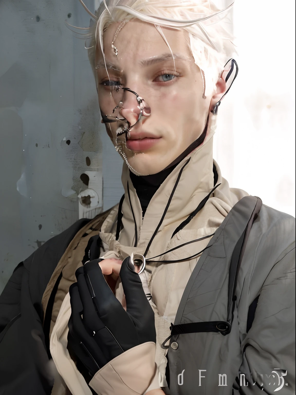 Realistic young boy face, with white hair and black gloves holding his hands together, white haired, handsome arabic+Dutch man, 25 years old, white-haired, silver haired, tan skinned, muscular, soft light, look down, soft light, holding wine, wearing black shirt and harness, black gloves, piercing eyes, blue eyes, surf haircut, daddy, no beard on face