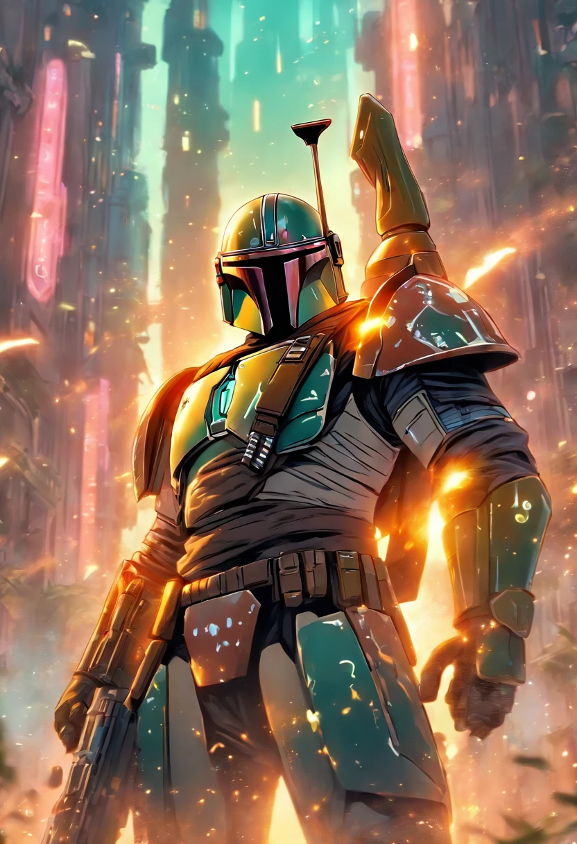 Generate a hyperrealistic Mandalorian Warrior wearing a jetpack missile rifle. The scene is illumanated by Daylight Noon clear sky casting soft glow and nuanced shadows on the polished surface of armor and helmet. Inspired by variation with anime mecha influences. The armor features sleek lines, glowing energy accents, and customizable modules. blur background in a grassy abandoned city