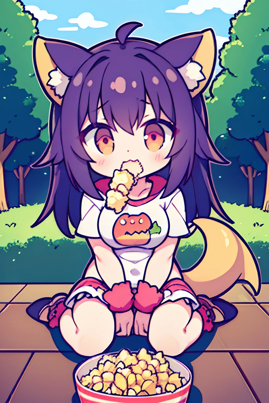 1Human 、mideum breasts、animesque、masterpiece、tchibi、Dinosaur costume all over the body、tail、Popcorn in the left hand、Open your mouth wide to the maximum、droolng、Landscape Images、Sitting on the ground
