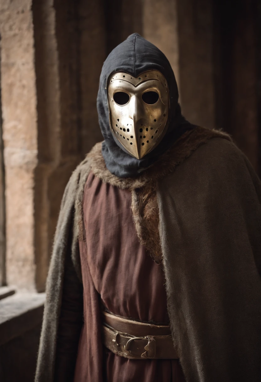 A doctor from the days of the terrible plague with medieval clothes and a classic mask of that time with a pointed beak.