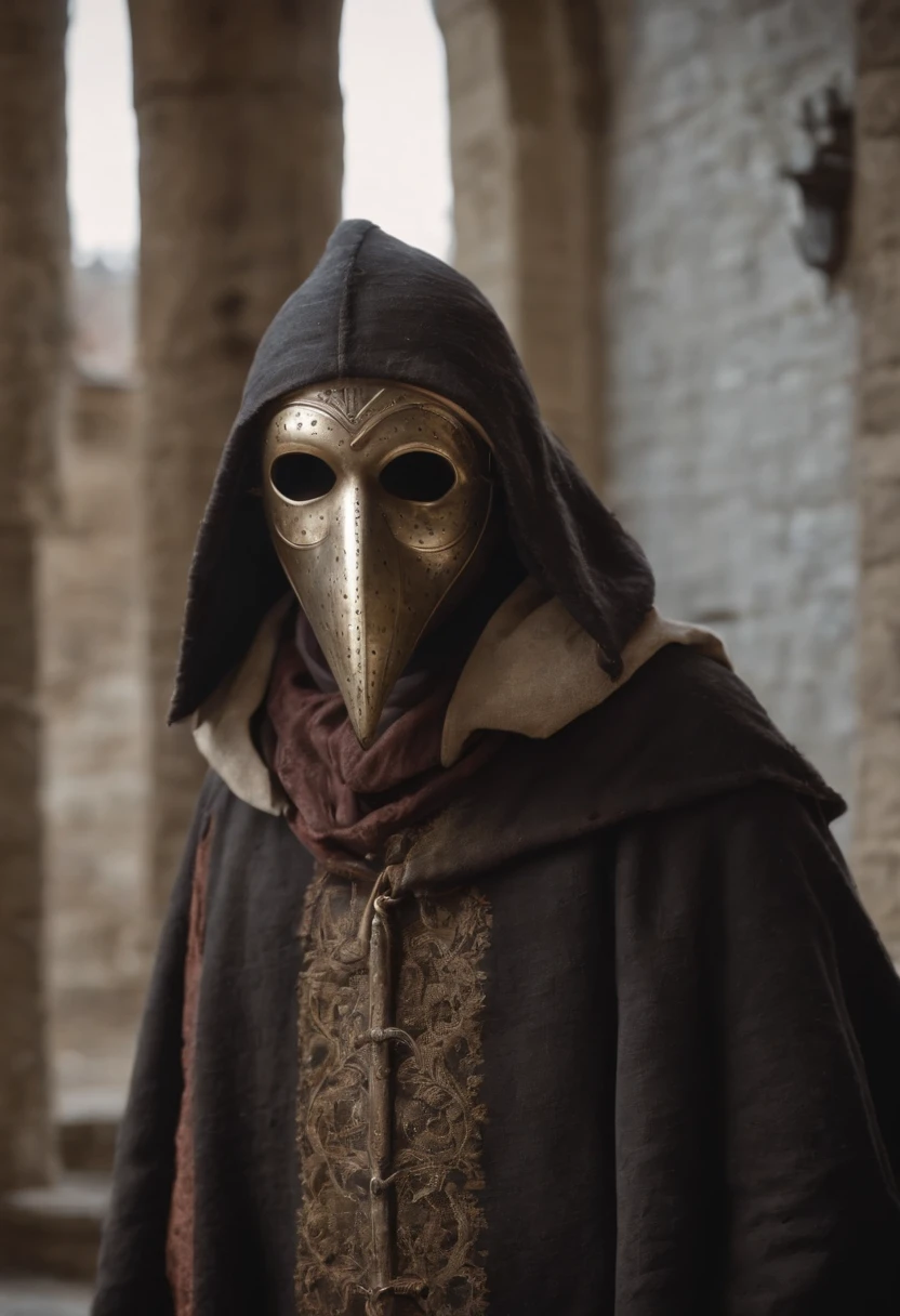 A doctor from the days of the terrible plague with medieval clothes and a classic mask of that time with a pointed beak.