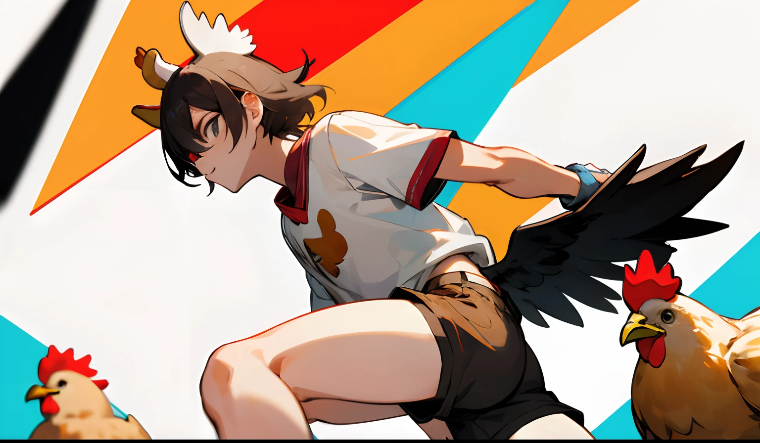 A person in shorts with a chicken head