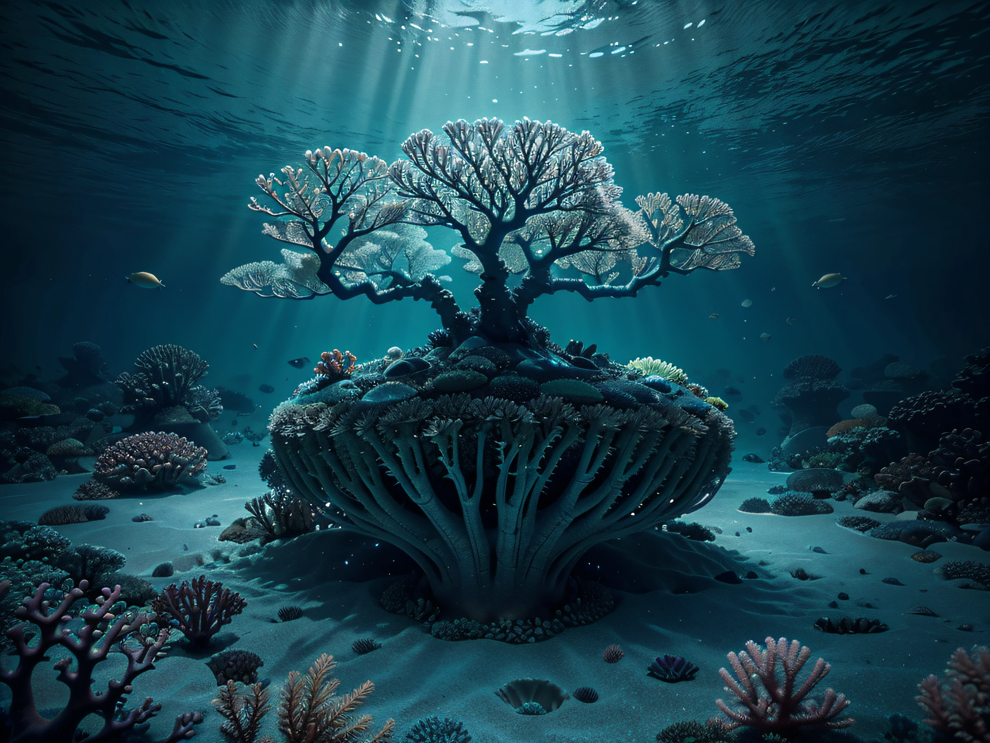 Craft an image that combines a hyperrealistic underwater world with an ethereal touch. Show a coral reef teeming with life, and add the surreal element of bioluminescent creatures illuminating the depths of the ocean