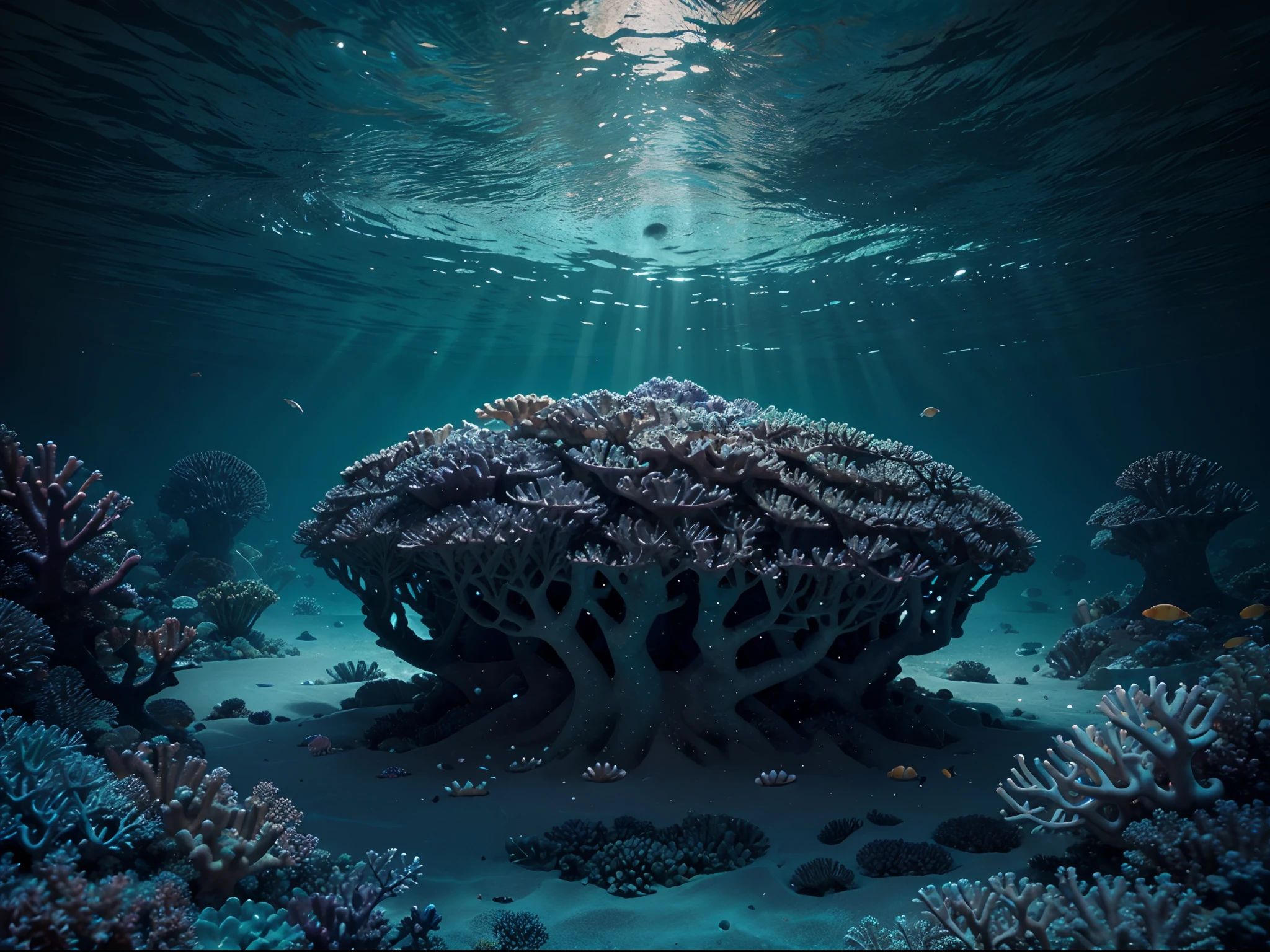 Craft an image that combines a hyperrealistic underwater world with an ethereal touch. Show a coral reef teeming with life, and add the surreal element of bioluminescent creatures illuminating the depths of the ocean