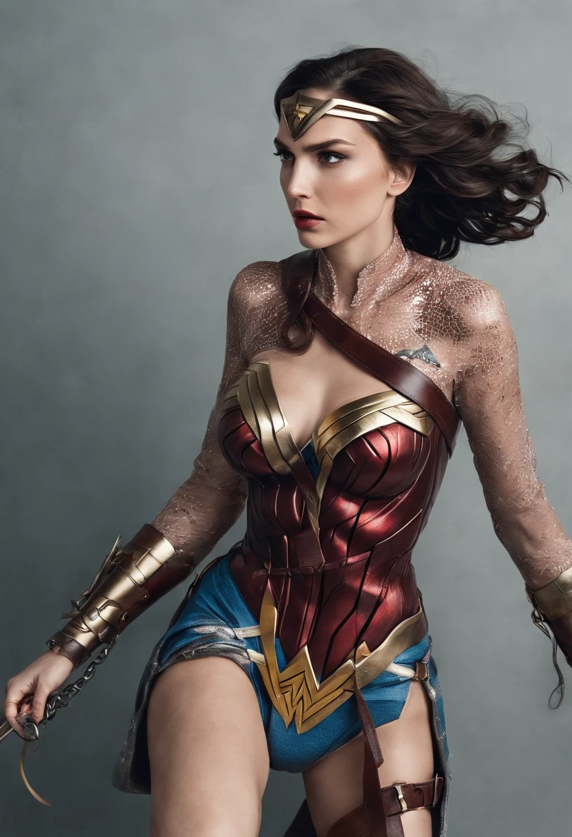 wonder woman struggling by tentacles, tentacles around her body, restraint.