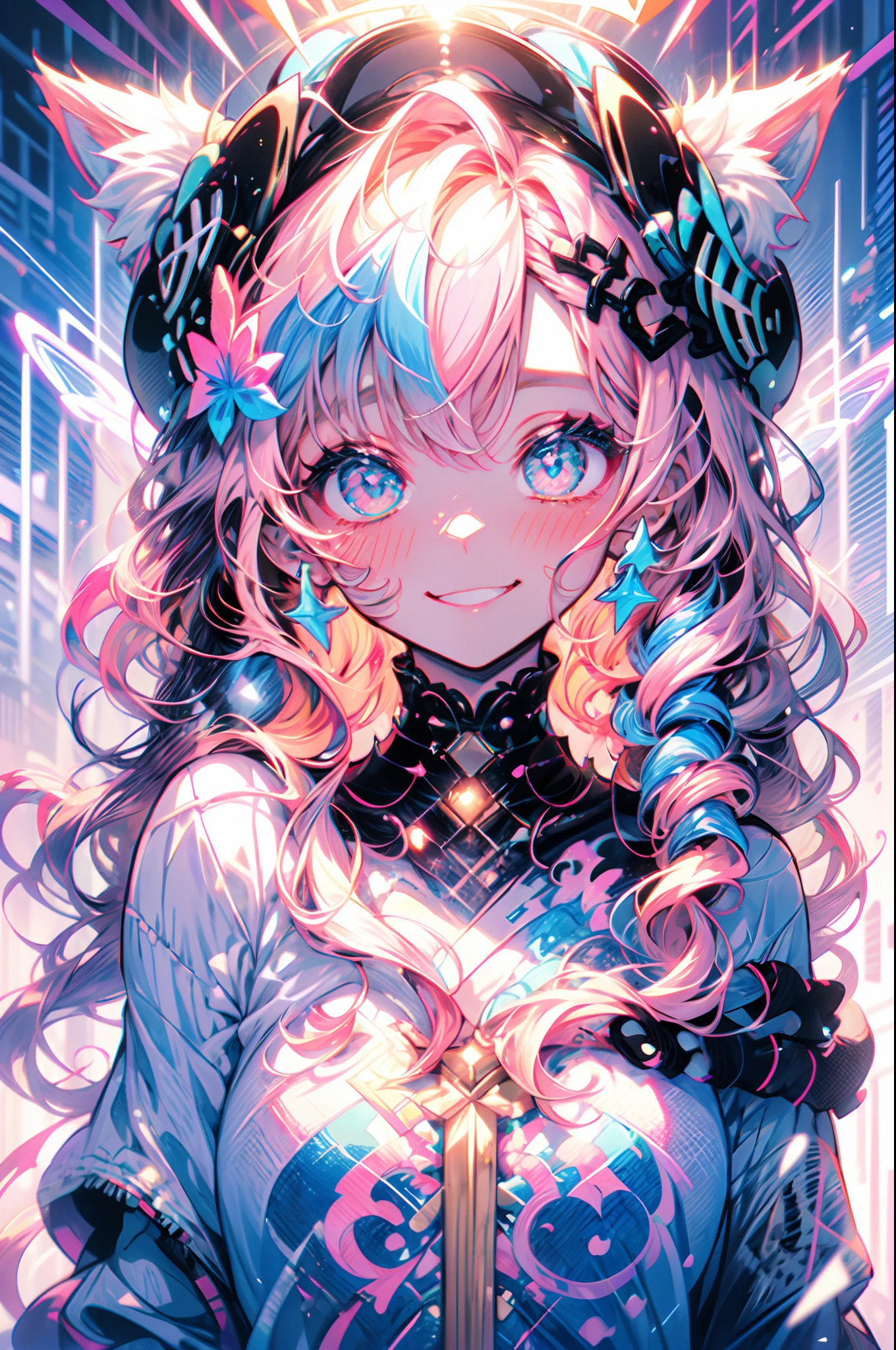 fake animal ears, light smile, ear blush, fang, pink hair, bangs, curly hair, side braid, halo, beret, animal ears, cat ears, Surrealism, drop shadow, anaglyph, stereogram, tachi-e, pov, atmospheric perspective, 8k, super detail, ccurate, best quality