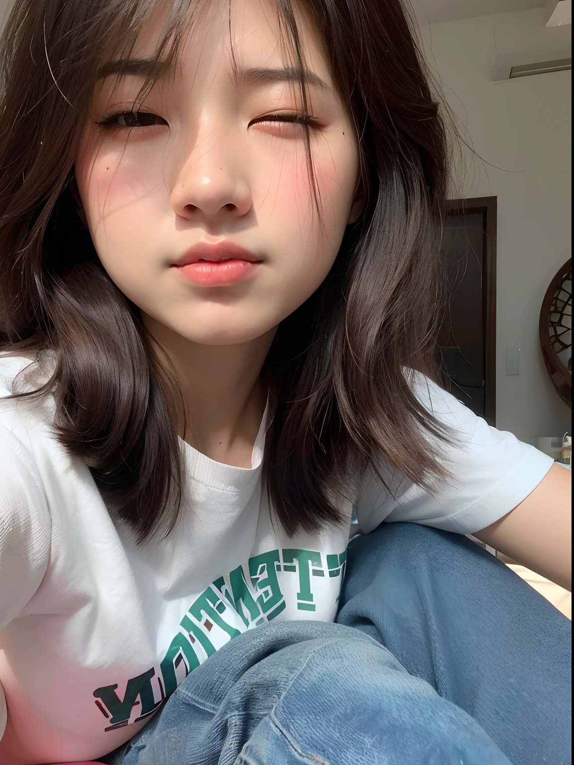 There's a young woman sitting on a bed with her eyes closed, 🤤 retrato da menina, young cute wan asian face, Jinyoung Canela, Jaeyeon Nam, com rosto redondo, Ulzzang, com cabelos curtos, Dang Meu Linh, 19-year-old girl, menina coreana, ela tem um rosto bonito, Xision Wu, wan adorable korean face