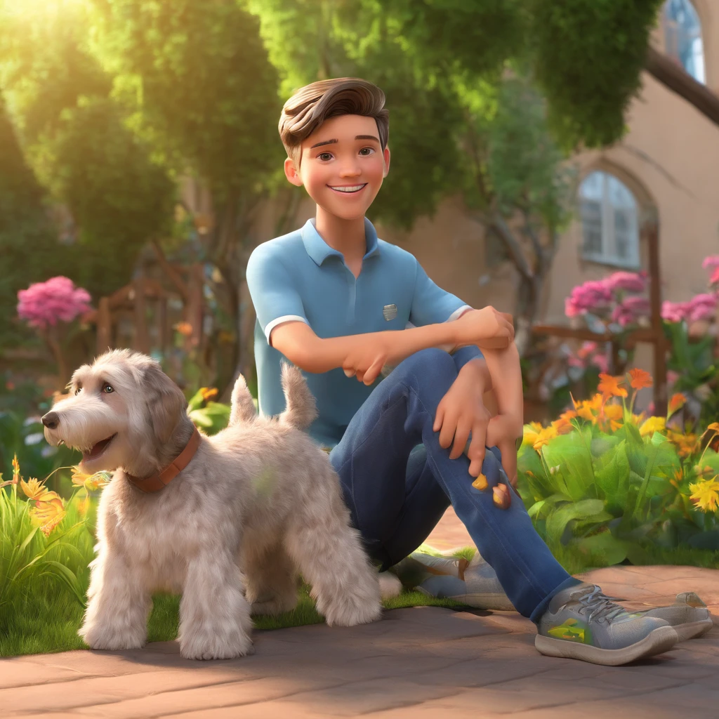 Lucas is a smiling 15-year-old human boy, com seu fiel amigo, Bolt, o cachorro schnauzer, deitados no jardim