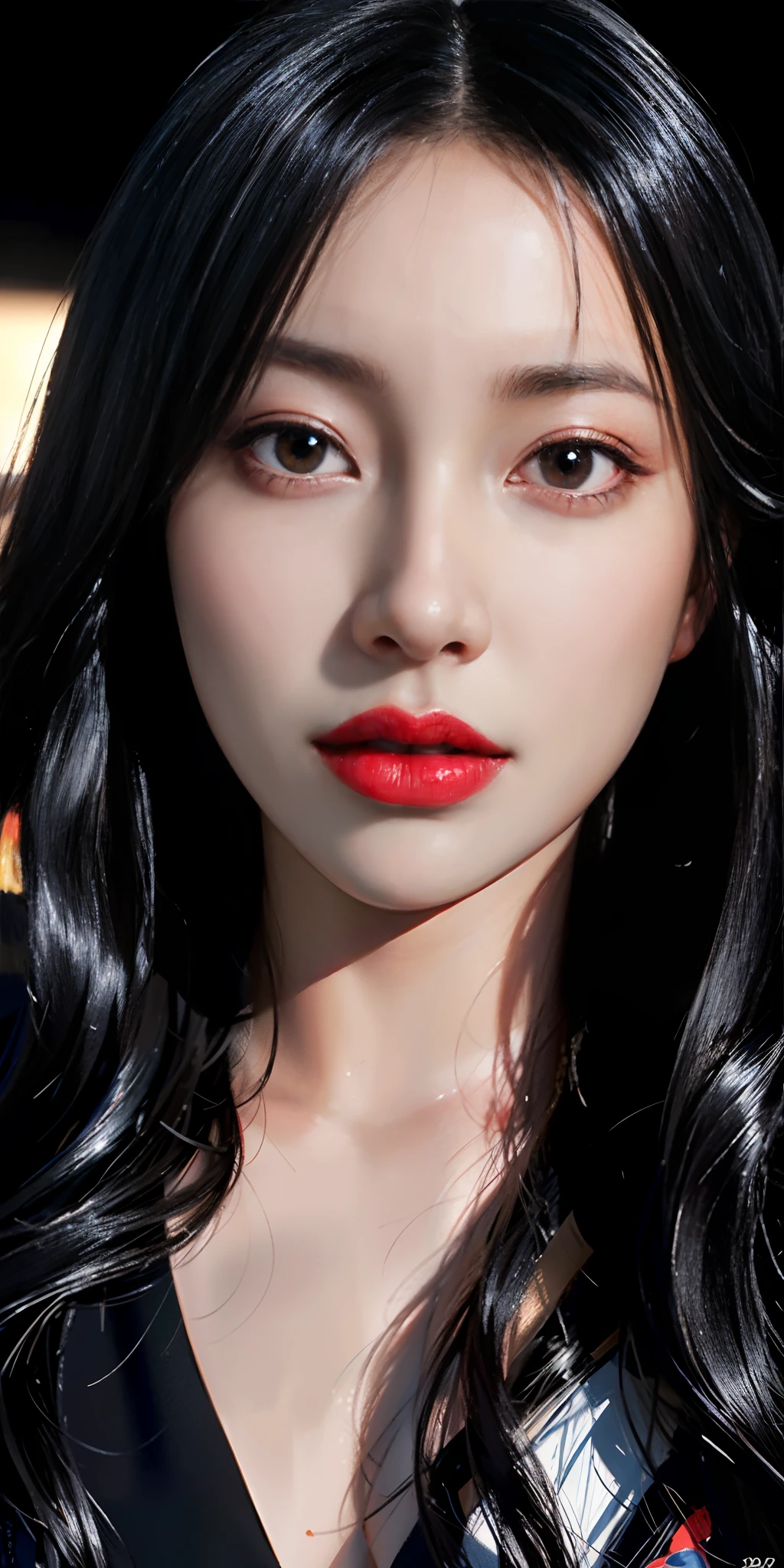 1 girl, solo, long hair, black hair, clenched teeth, red lips, close up face, portrait, looking at viewer, (raw photo:1.2), ((photorealistic:1.4)), masterpiece, best quality, highest quality, highly detailed face, depth of field, cinematic lighting, sharp focus, action shot, vibrant colors