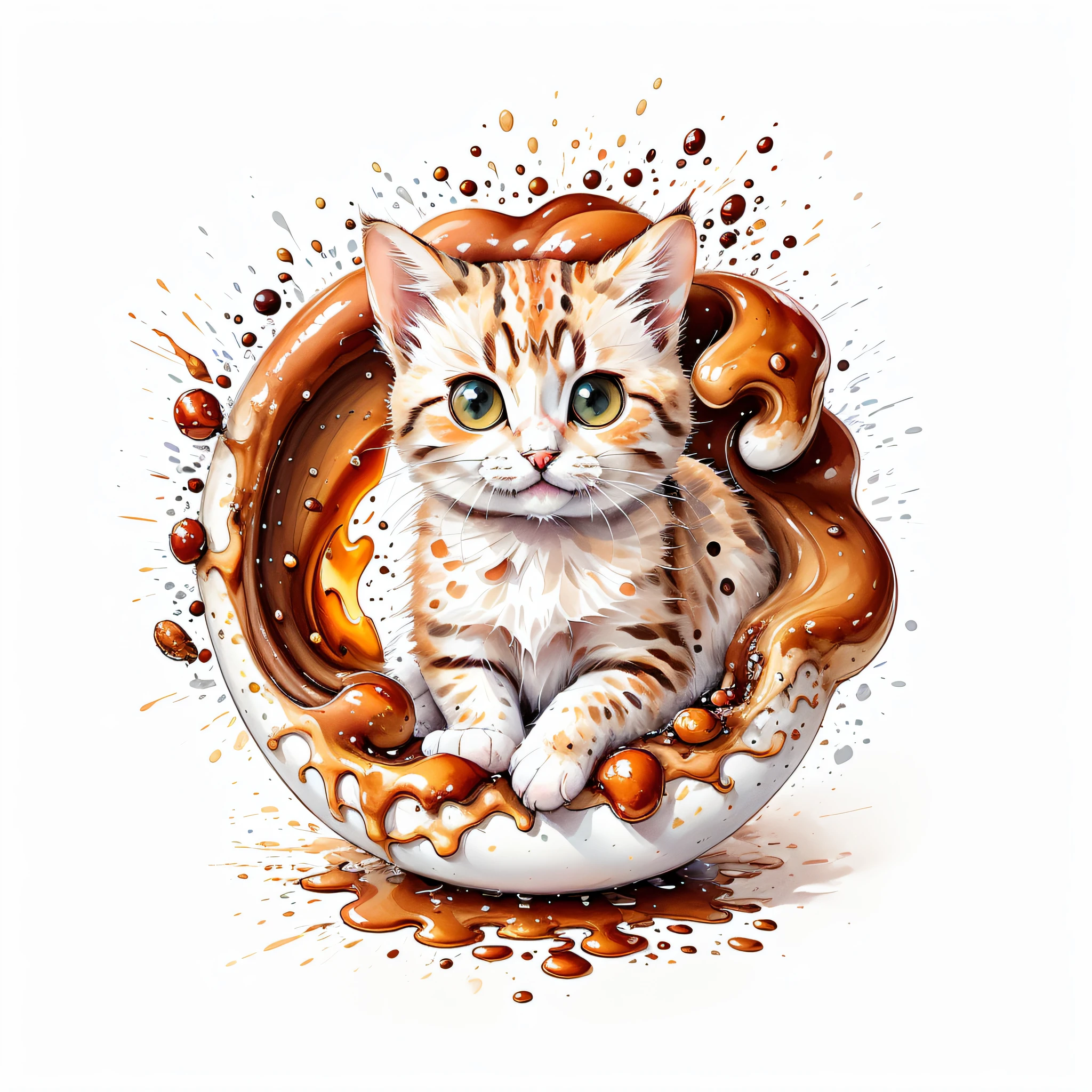 circular design, logo art, (cat design with nutty caramel),(nutty caramel on the table), fantasy, colorful, vintage, charming: white background, lowbrow art, digital illustration, radiant; gouache, 16k, minimalistic, doodle, CGSociety, solarpunk, crispy quality, sharp, bright, volumetric lighting, intricate, ample negative white space, as a logo, as a t-shirt logo in the style of art,  vladstudio ,