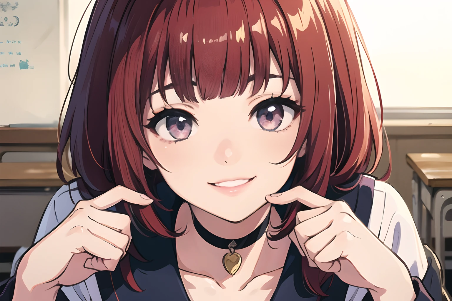 (masterpiece, best quality), 1girl, pretty face, red hair, pastel eyes, blunt bangs, schoolgirl uniform, choker, smiling, close up, in classroom, cute