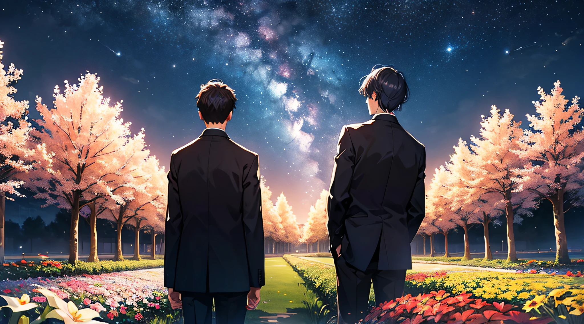 Flower garden、starrysky、meteors、Men's back、Looking up at the sky