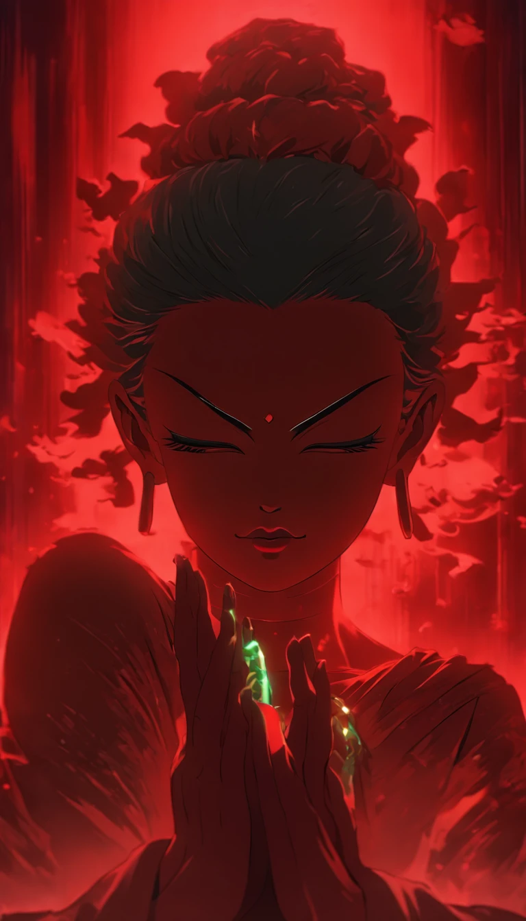 Blood Red Room, White TV screen flashing, Buddha statue, cabelos preto e longos, Disheveled hair, Cover one eye and face, Bright red eyes, Wearing a white transparent robe, Looming breast augmentation,Liquor,devil, reaching out her hands,straighten the body, Red nails are exposed, Pinch the camera, hyper HD, Anatomically correct, Textured skin, Super Detail, high details, High quality, hight resolution, 8K, hyper HD, Anatomically correct, Textured skin, Super Detail, high details, High quality, Best Quality, 8K,Reishnampo,Room 2,Horror