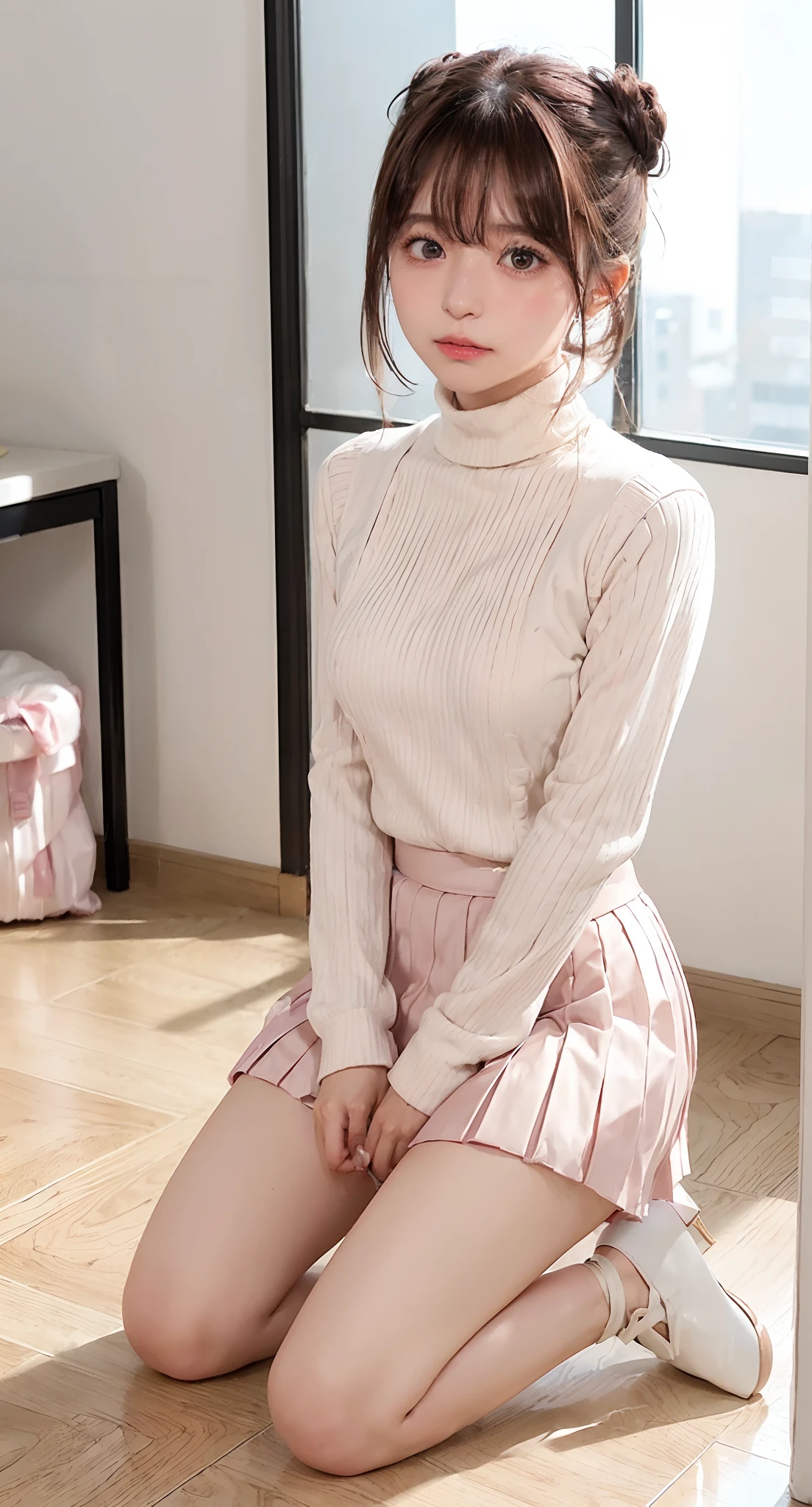 (((Kamimei、Bun hair、Embarrassing、red blush、embarrassed from、Mouth ajar))),(((((long pleated skirts、Turtleneck sweater、no sleeves、high-heels))))),((In the office、In the company、In the reception room、frombelow))、masutepiece, 1girl in, best qualtiy, Ultra Detail, (shiny), (Small)、(((with blush cheeks,))),Ray tracing,Perfect Lighting, (milky skin:1.2),reflection, up looking_で_viewer, blush, bow ribbon, yellow_Eyes, White choker, Low_Twin-tailed、Japan's cutest 28-year-old beautiful girl、Small ribbons in the hair、Contrast Legs