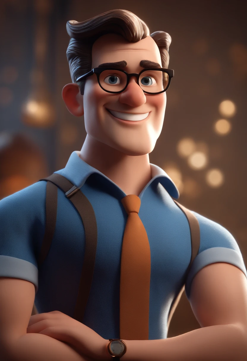 Cartoon character of a man with black glasses and a blue shirt, animation character, Caractere estilizado, animation style rendering, 3D estilizado, Arnold Maya render, 3 d render stylized, toon render keyshot, Personagem 3D, Personagem 3D, 3d rendering stylized, 3 d character render, personagem de desenho animado, Personagem de close up, Pose de personagem, (Estilo Pixar) (master part:1.2) (Bokeh) (best quality) (pele detalhada) (textura detalhada) (8k) (argila) (Cinematic lighting) (foco nítido