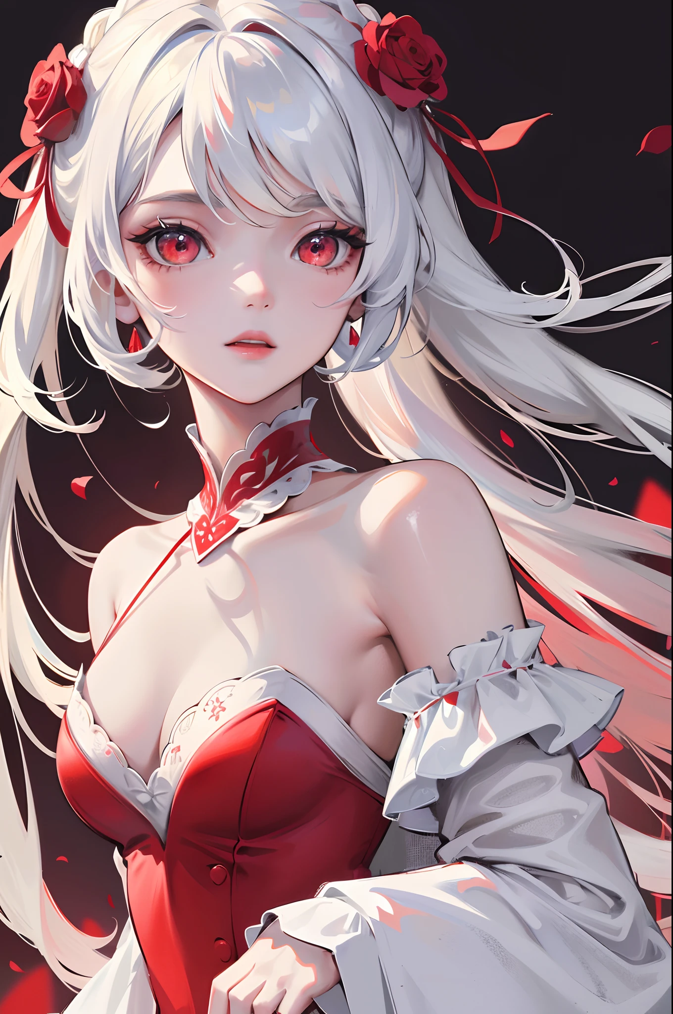1 girl, Absurdres masterpiece HDR high quality portrait of a beautiful girl with white long straight hair and red eyes wearing detailed white dress holding a white rose