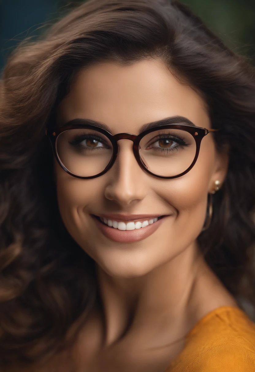 Uma mulher de 30 anos, com cabelos castanhos cumpridos, Rosto redondo, rosto redondo com sorriso encantador, e olhos castanhos, wearing glasses.  TV presenter looking at the camera