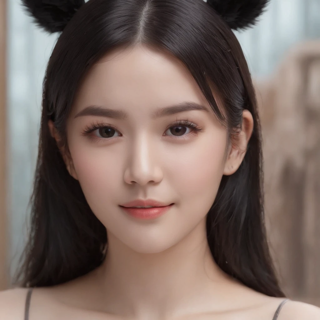 black hair, hair bobbles, wince, longeyelashes, solid circle eyes, fake animal ears, light smile, ear blush, fang, black hair, eye reflection, embarrassed, Surrealism, drop shadow, anaglyph, stereogram, tachi-e, pov, atmospheric perspective, modern, Sony FE GM, three sided view, 8k, ccurate, best quality
