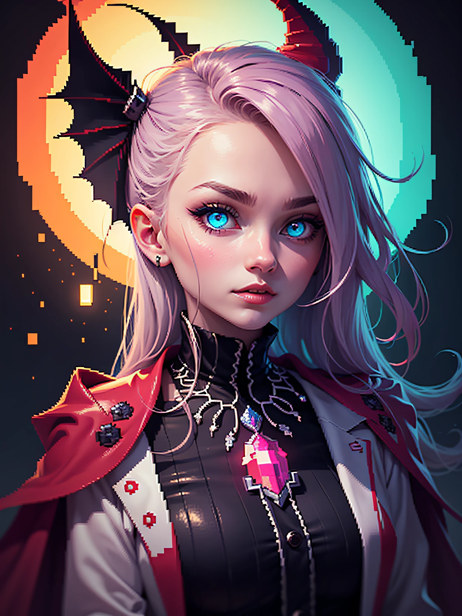 fabulous pixel art of a leading vampire pixel art, beautiful and detailed pixel art, hyper detailed pixel art, conceptual pixel art, high quality pixel art, high quality pixel art, high quality pixel art, high quality pixel art, bioluminescent lighting, neon eyes, colorful, high contrast colors, Pixel art style, Pixel art:3, 4k, beautiful
